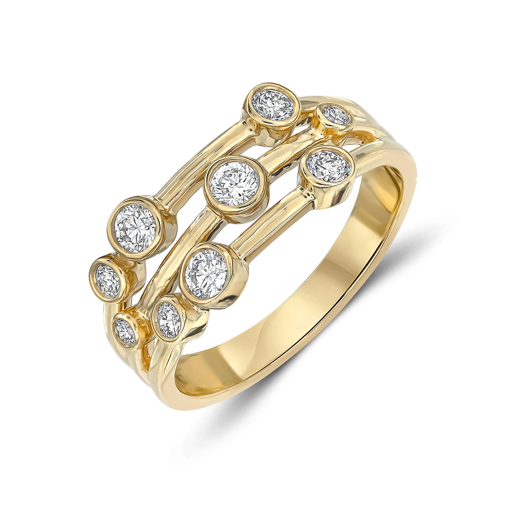 18ct Yellow Gold Round Diamond 3 Row Bubble Ring 0.50ct Total