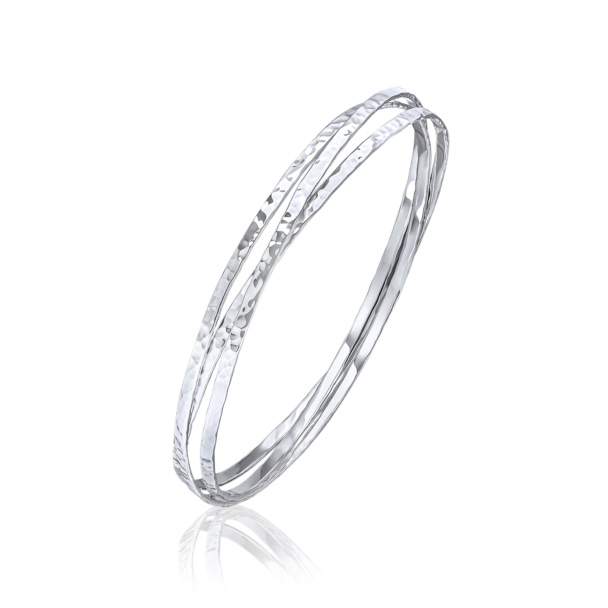 925 Sterling Silver Solid Flat Profile Hammered Russian Design Bangle, 2mm