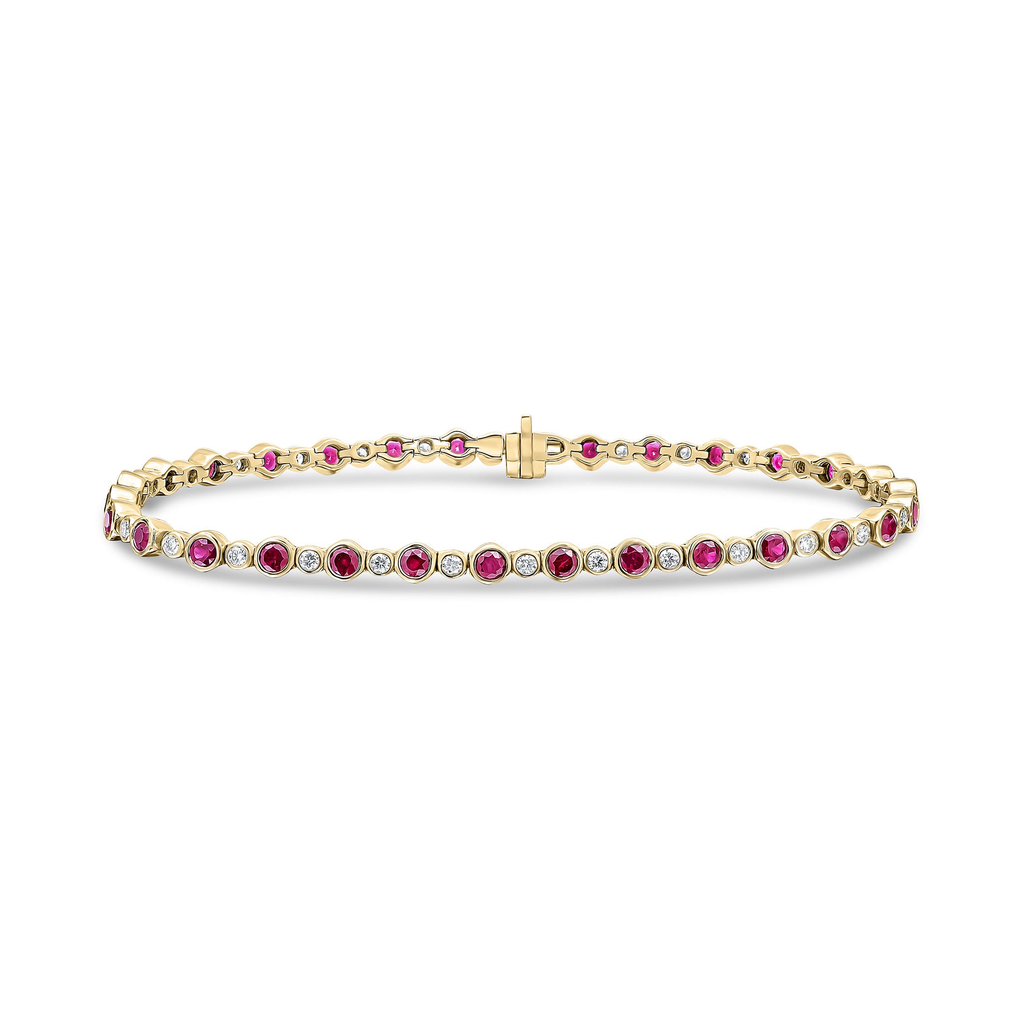18ct Yellow Gold Round Ruby and Diamond Rubover Line Bracelet