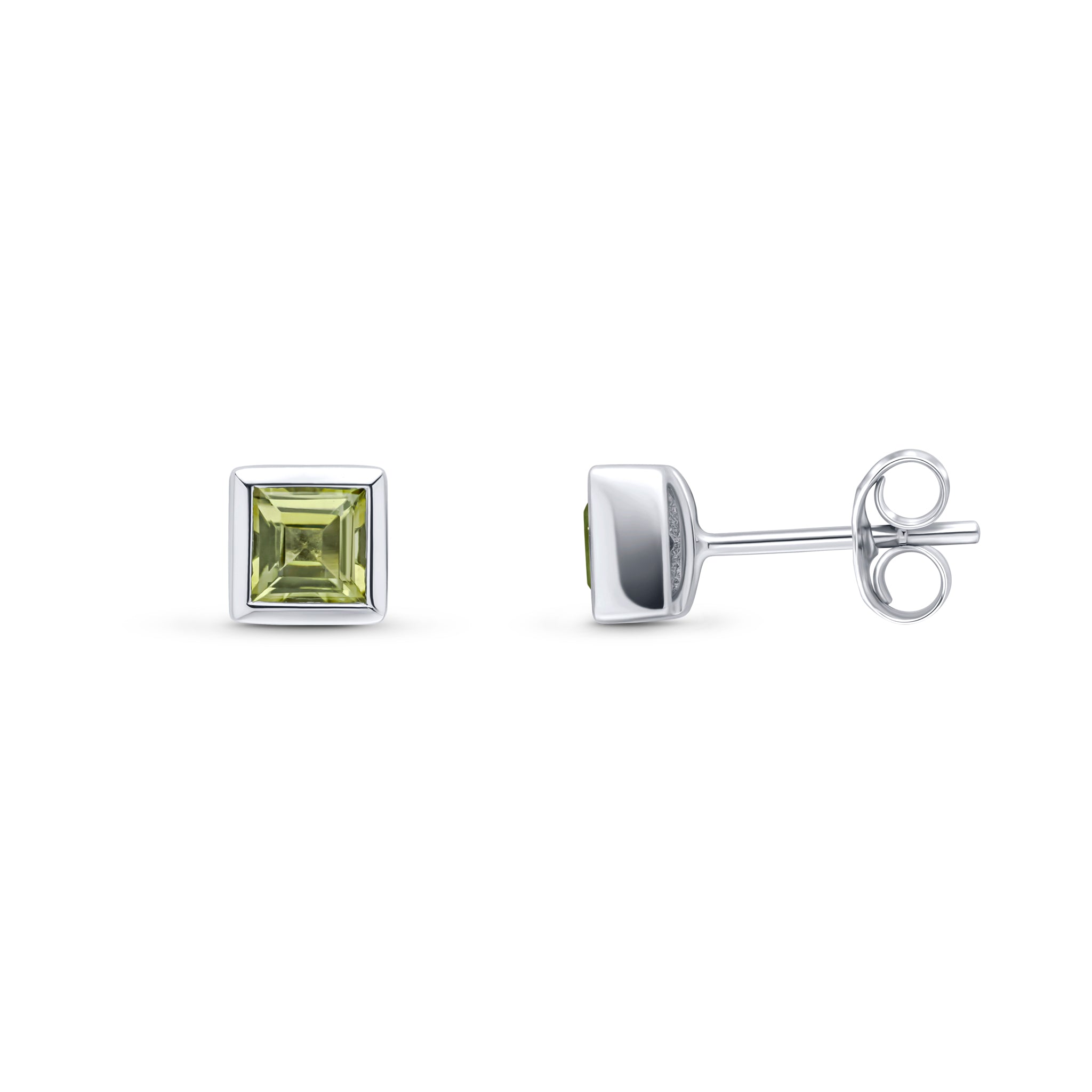 9ct White Gold 4mm Square Peridot Rubover Set Earrings