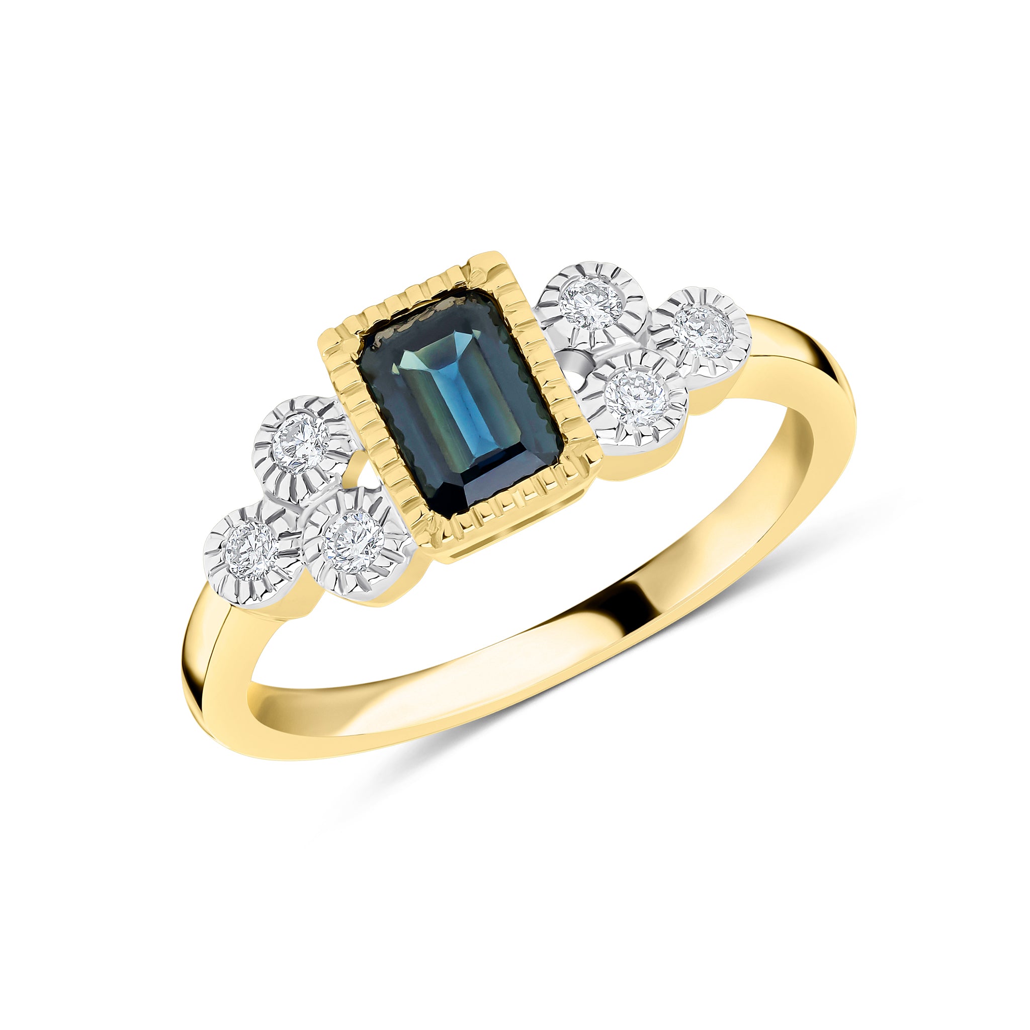 9ct Yellow Gold 6x4 Octagon Sapphire and Diamond Trefoil Shoulders Milgrain Set Ring Rhodium to Diamonds