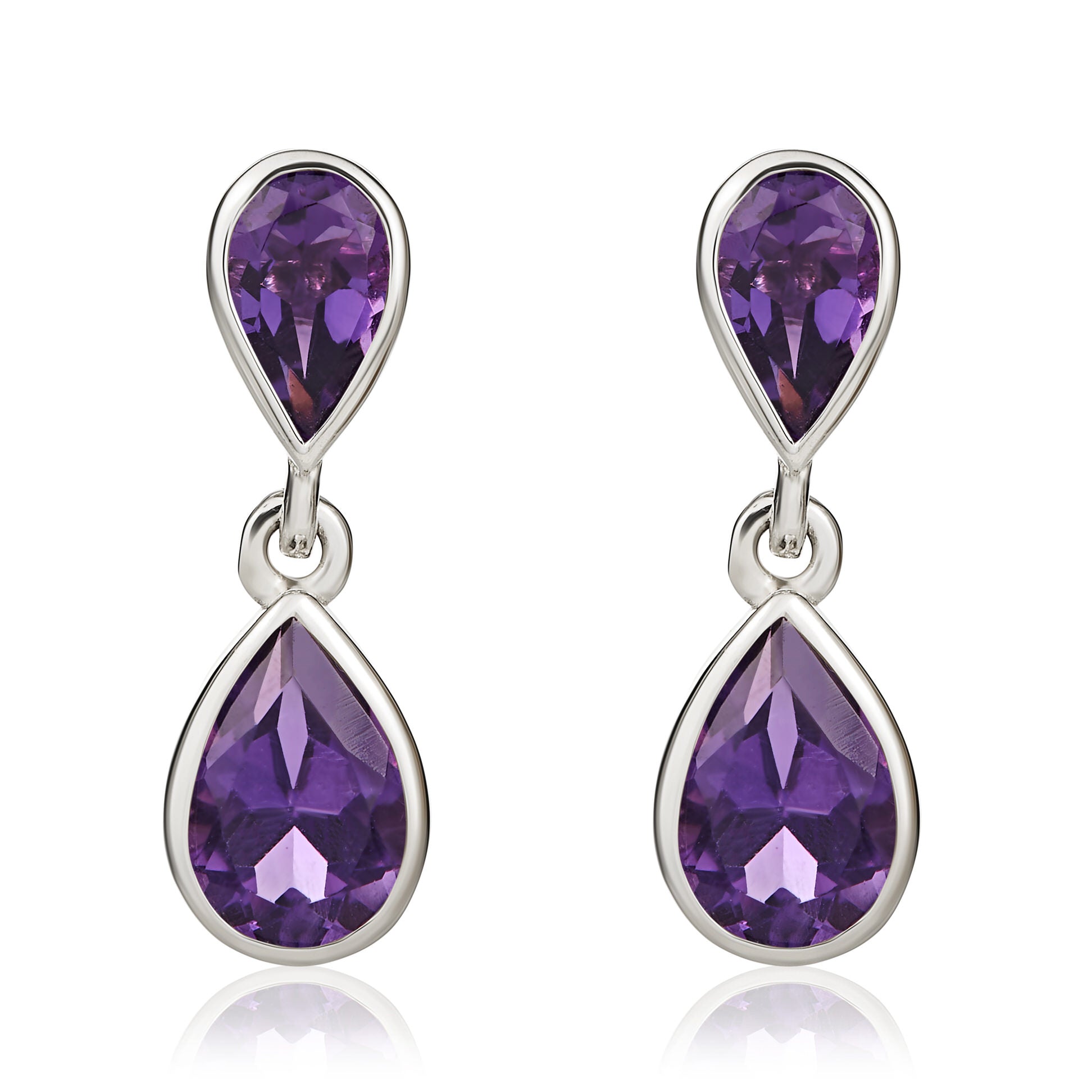9ct White Gold Pear Shaped Amethyst Double Drop Earrings