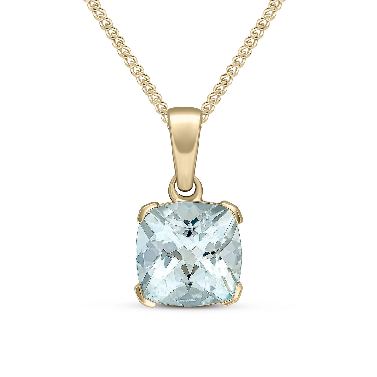9ct Yellow Gold 8mm Cushion Aquamarine Claw Set Pendnat