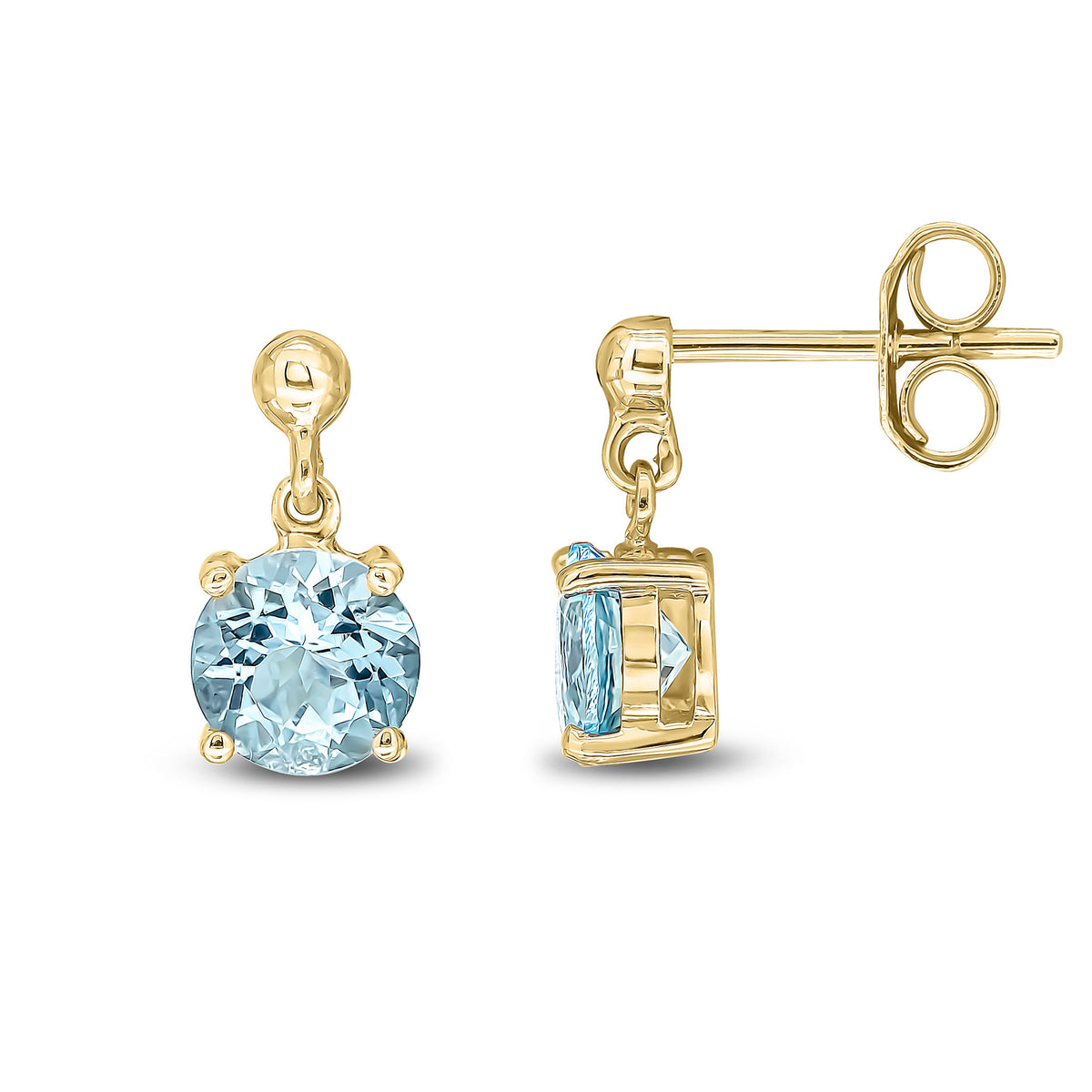 9ct Yellow Gold 6mm Round Aquamarine Claw Set Drop Earrings with Bead Top
