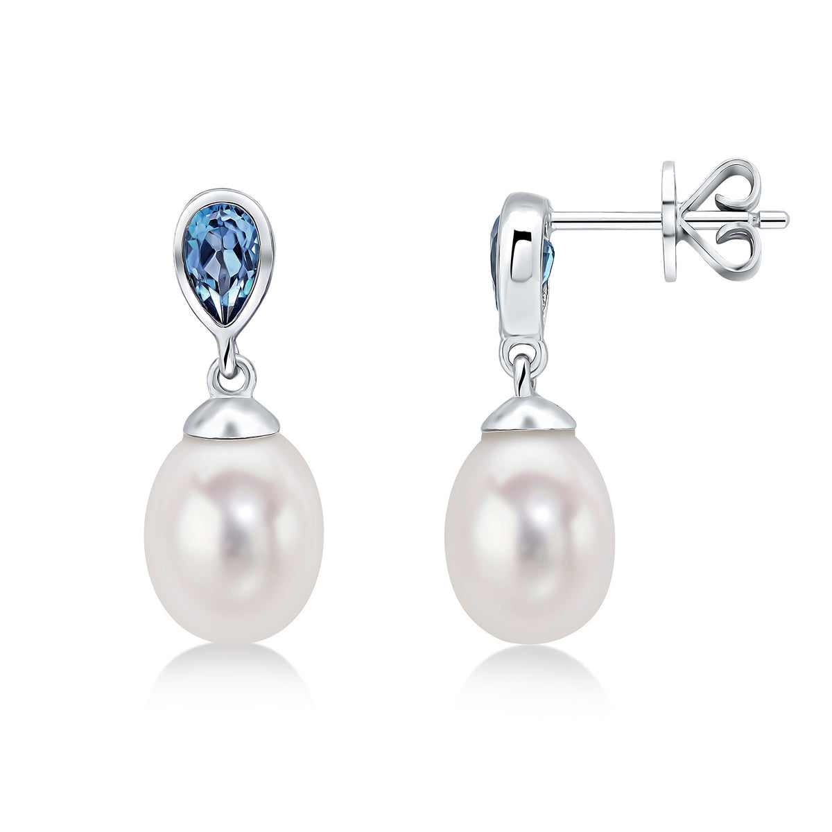 9ct White Gold Pearl & Single Pear Shape London Blue Topaz Drop Earrings