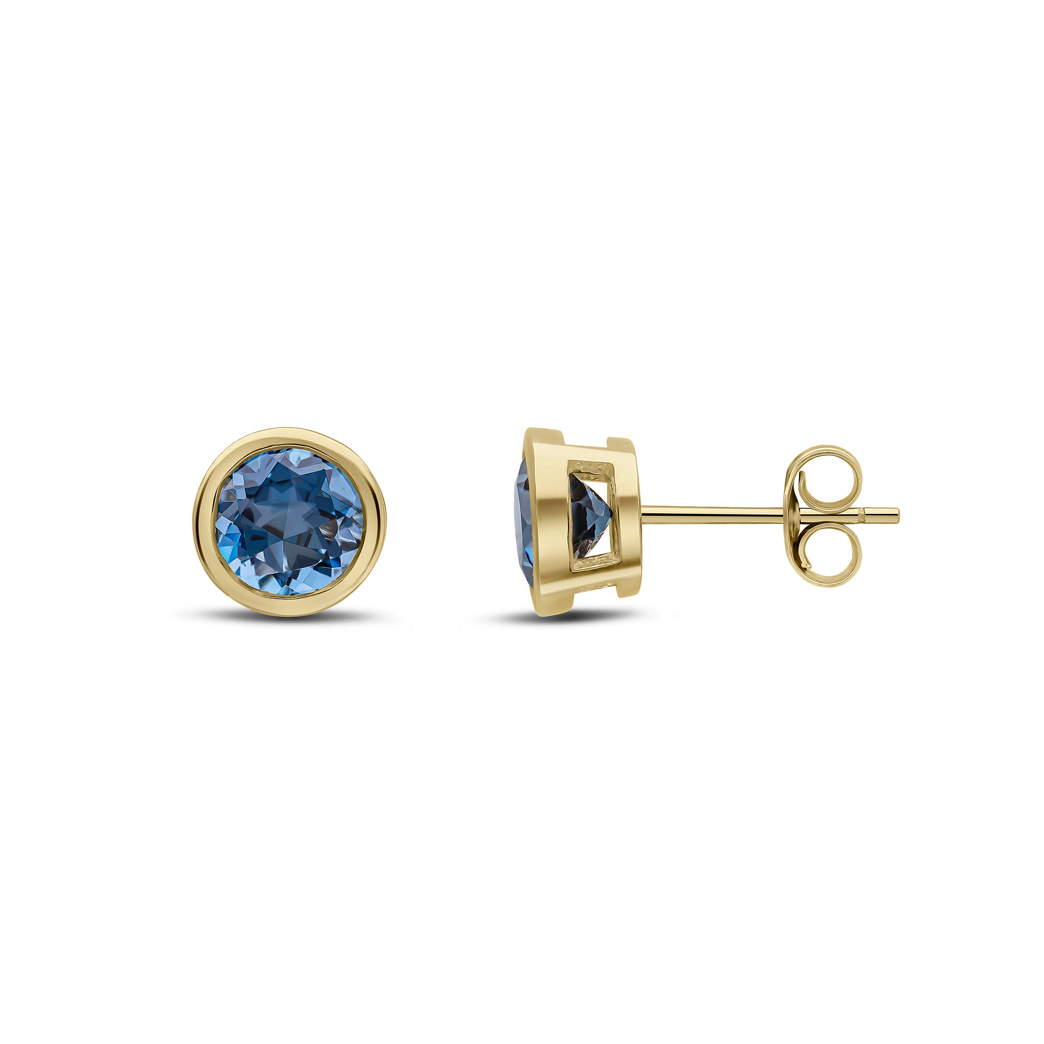 9ct yellow gold 6mm Round London Blue Topaz rubover Earrings