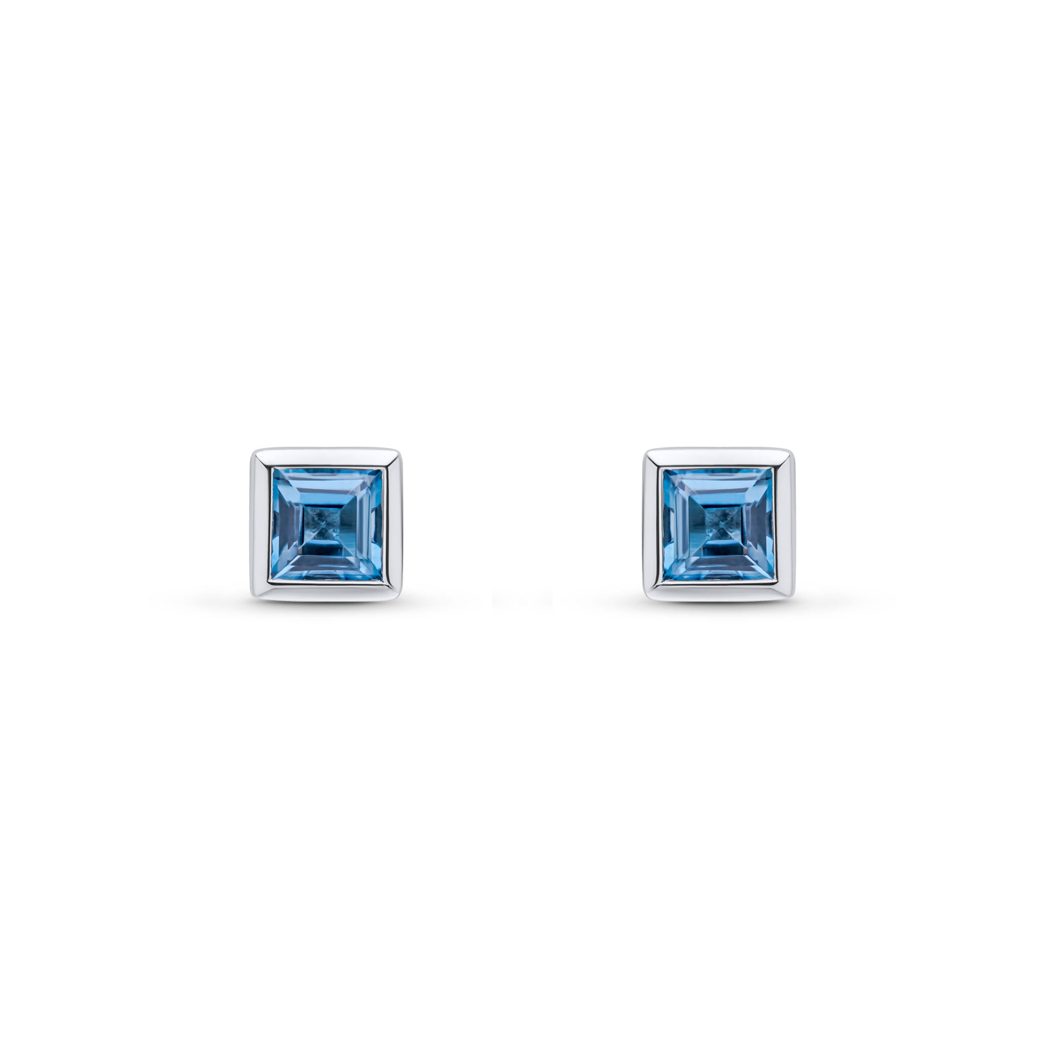 9ct White Gold 4mm Square Swiss Blue Topaz Rubover Set Earrings