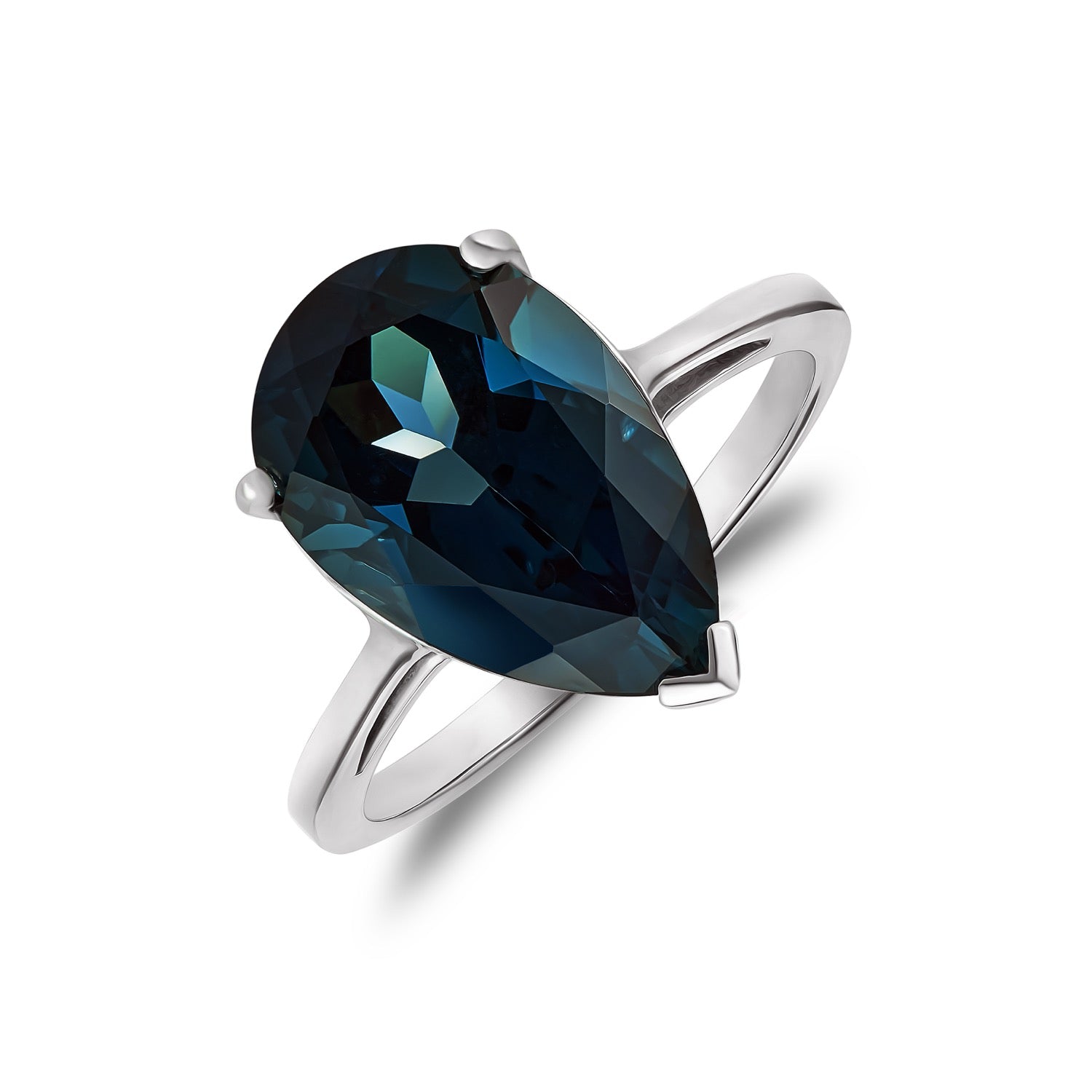 9ct White Gold 14x9 Pear Shape London Blue Topaz Claw Set Single Stone Ring