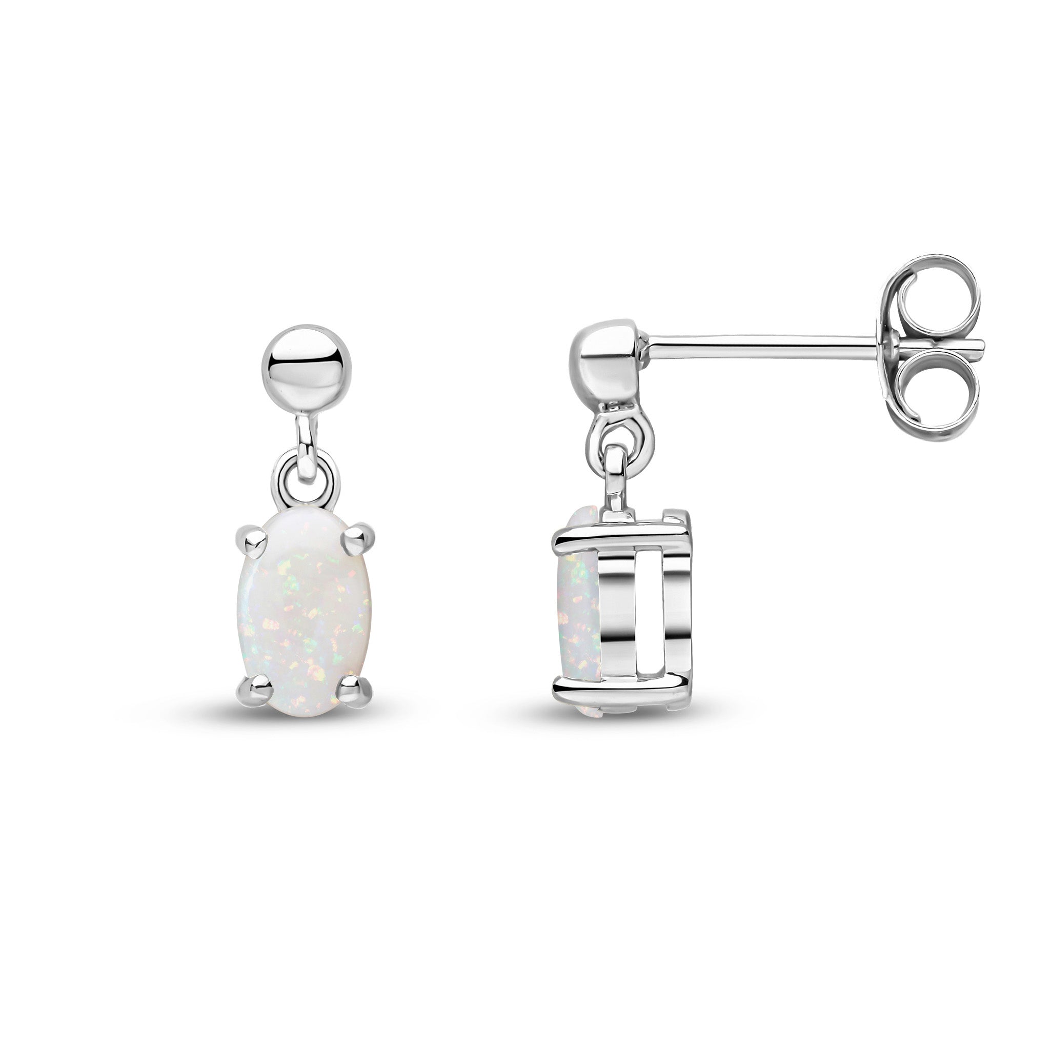 9ct White Gold 6x4 Oval Opal Claw Set Drop Earrings with Bead Top