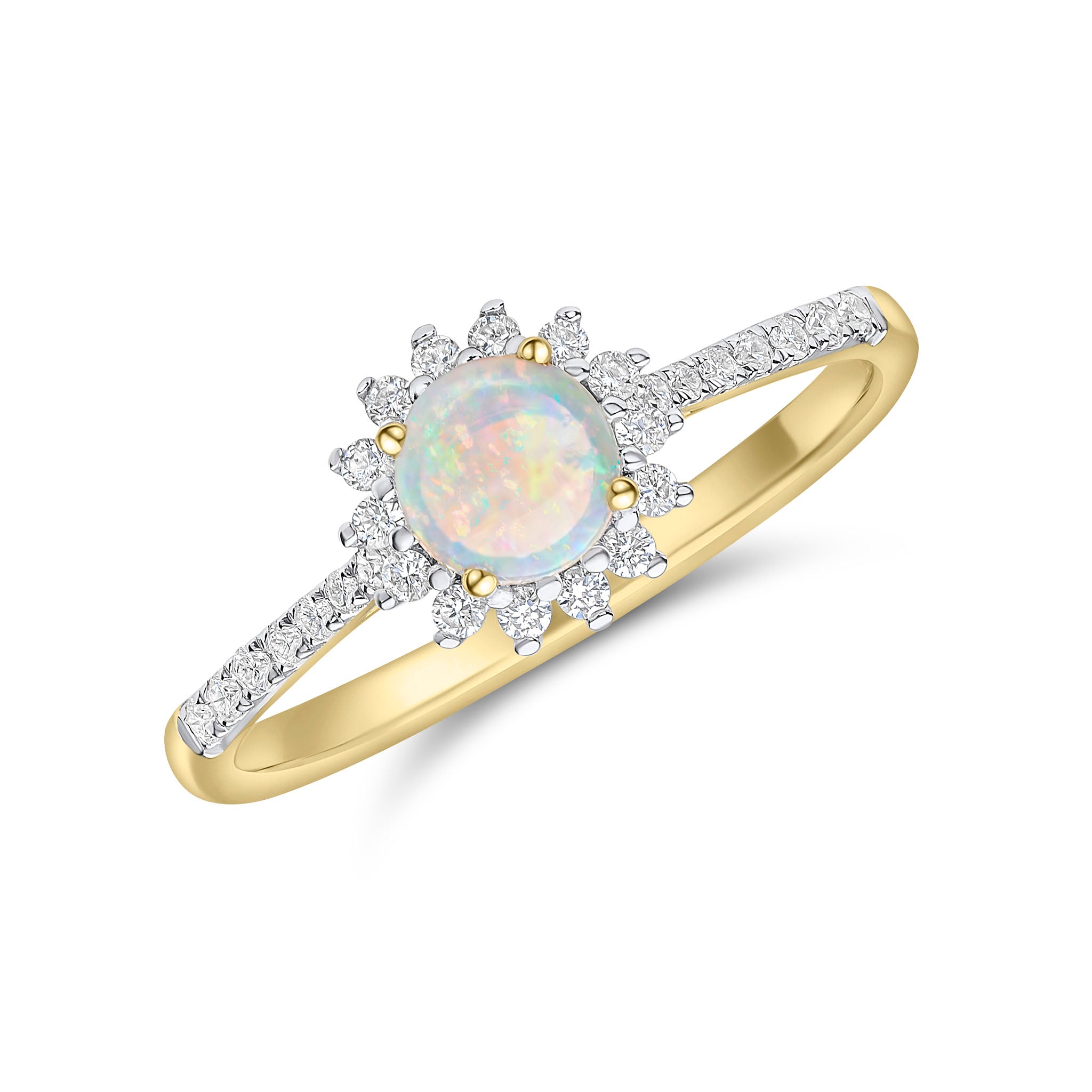 18ct Yellow Gold 5mm Round Opal & Round Diamond Claw Set Cluster with Diamond Set Shoulders Rhodium to Diamonds