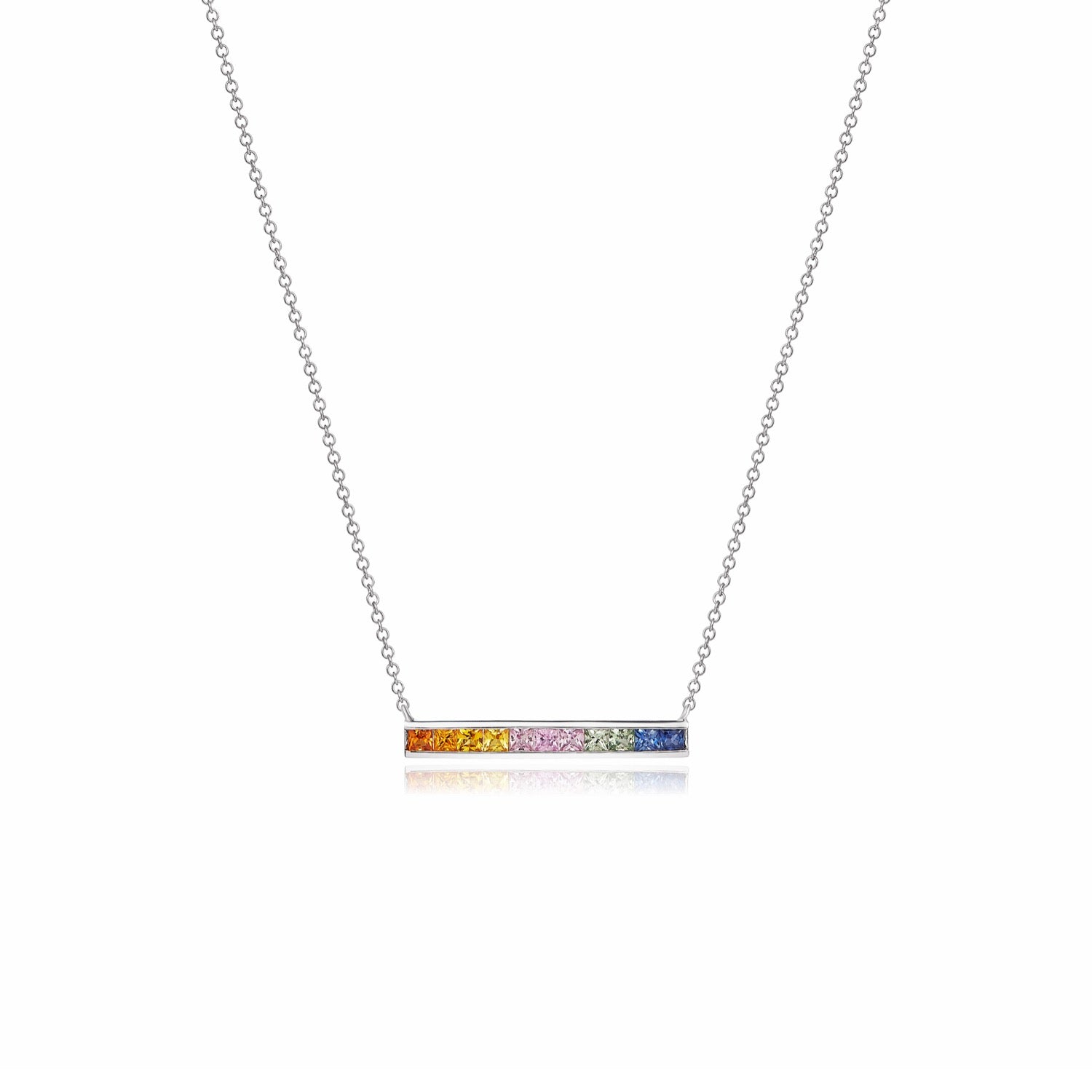 9ct White Gold Square Multi-Sapphire Channel Set Bar On Chain Necklace