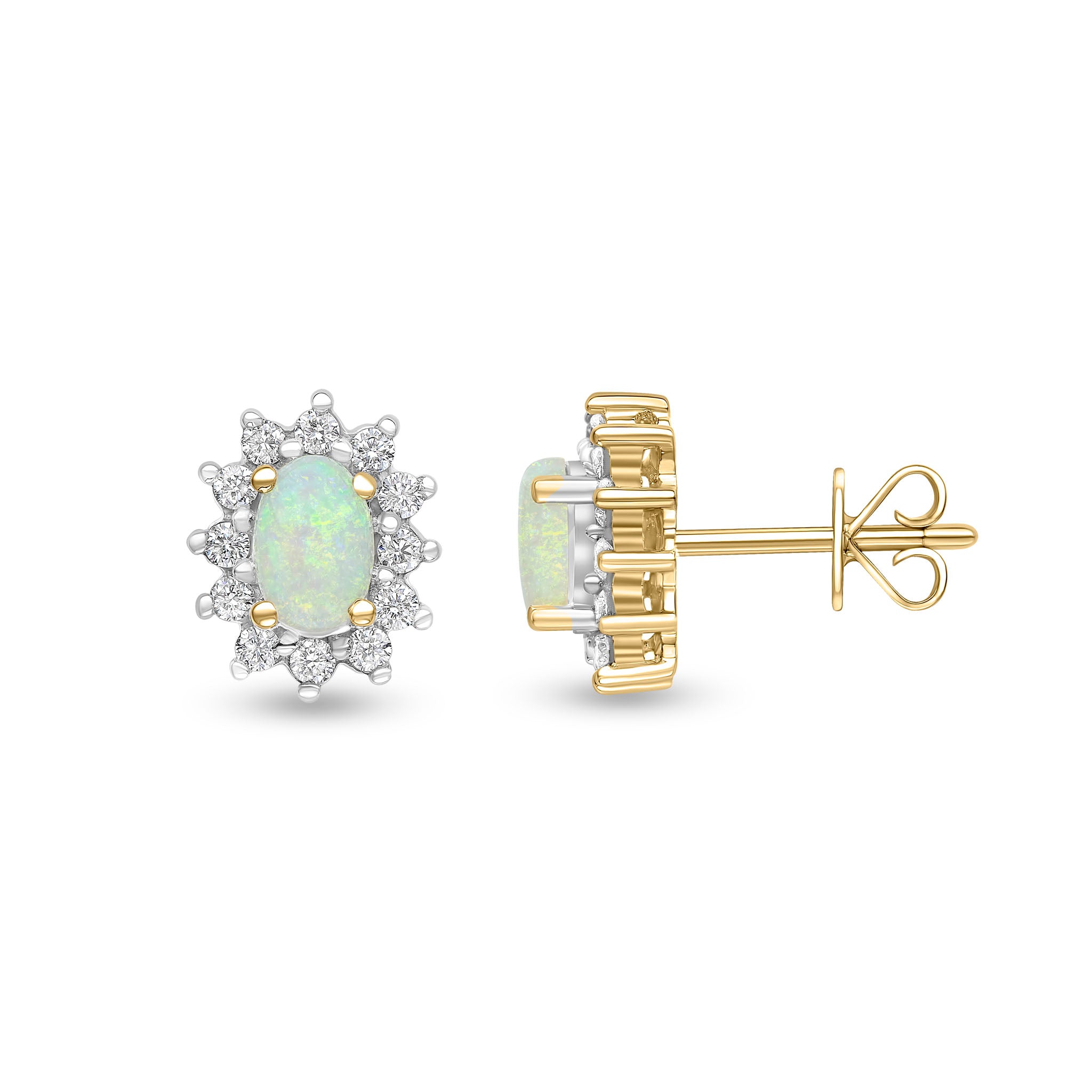18ct Yellow Gold 6x4 Oval Opal & Round Diamond Claw Set Cluster Earrings Rhodium to Diamonds