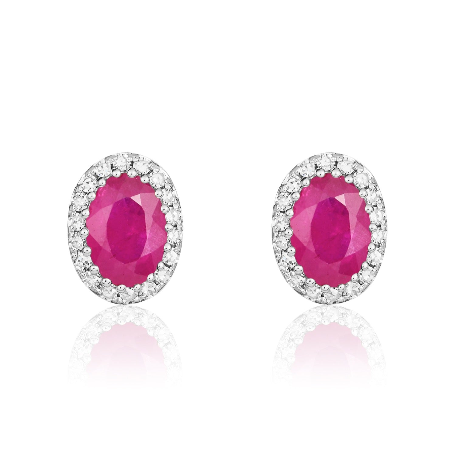 9ct White Gold 6x4 Oval Ruby & Diamond Claw Set Cluster Earrings