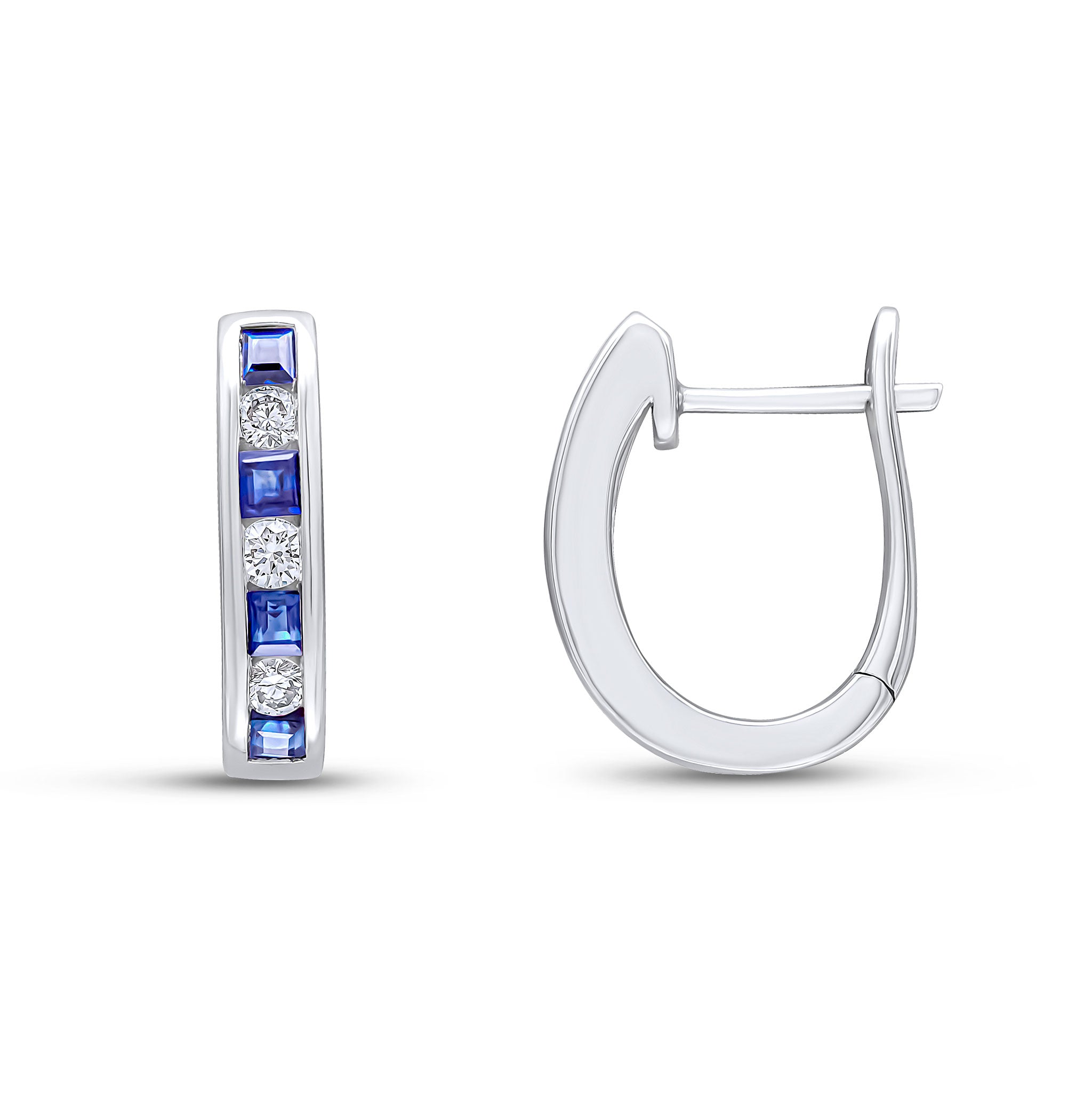 18ct White Gold Square Sapphire & Round Diamond Oval Channel Hoops