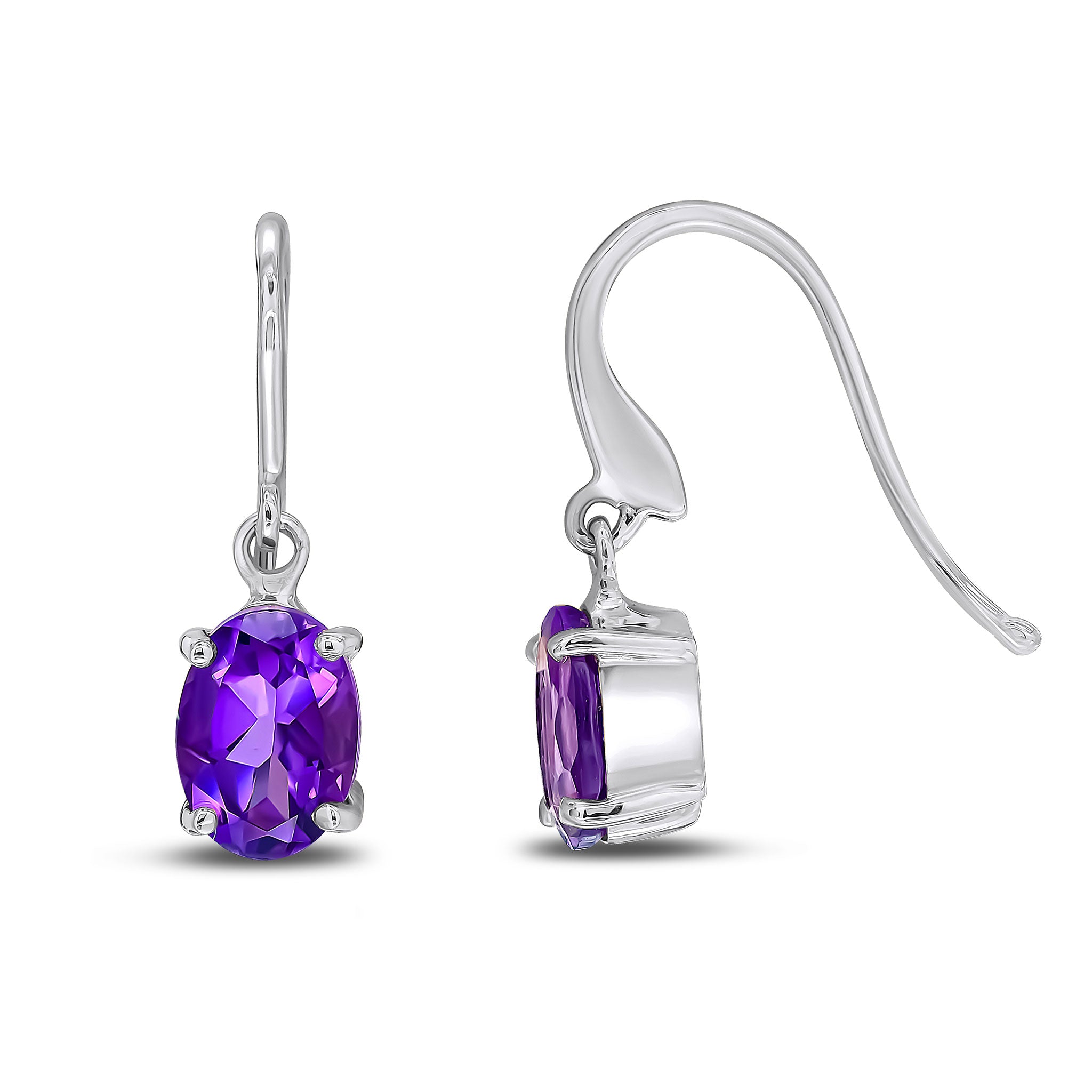 9ct White Gold 7x5 Oval Amethyst Claw Set Drop Earrings with Hook Wire Fitting