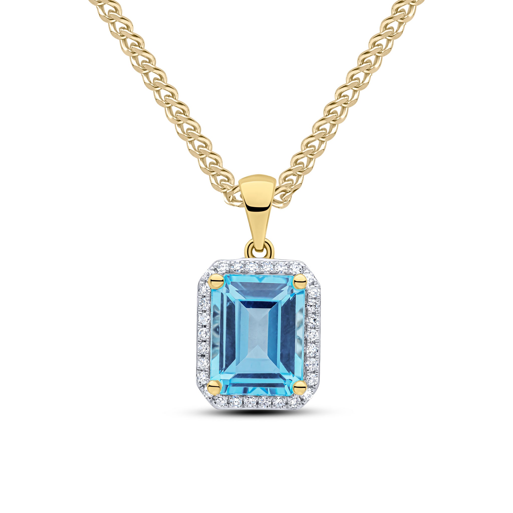 9ct Yellow Gold 9x7 Octagon Swiss Blue Topaz & Diamond Cluster Pendant