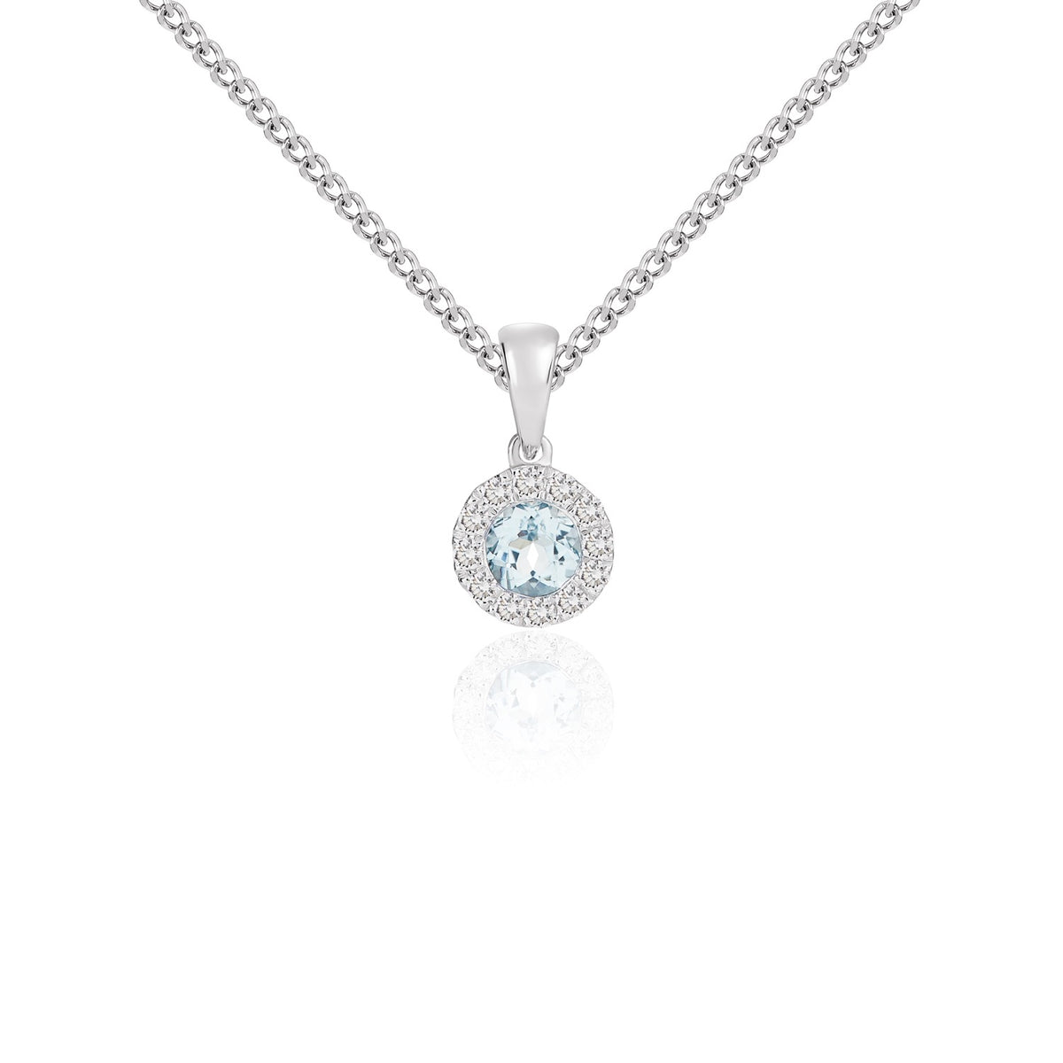 18ct White Gold 4mm Round Aquamarine and Diamond Microset Cluster Pendant with Plain Loop