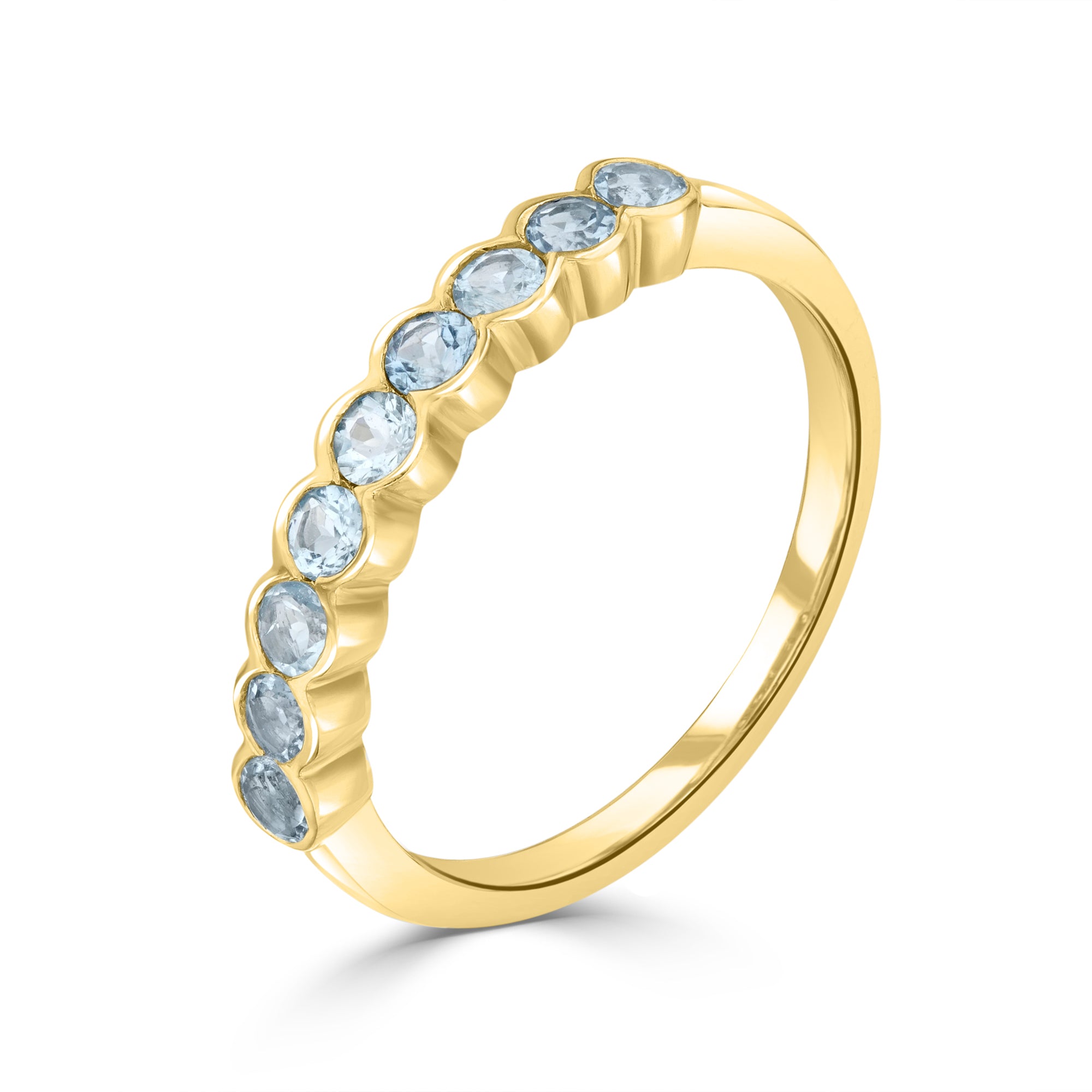 9ct Yellow Gold Round Aquamarine Scalloped Edge 9 Stone Half Eternity Ring