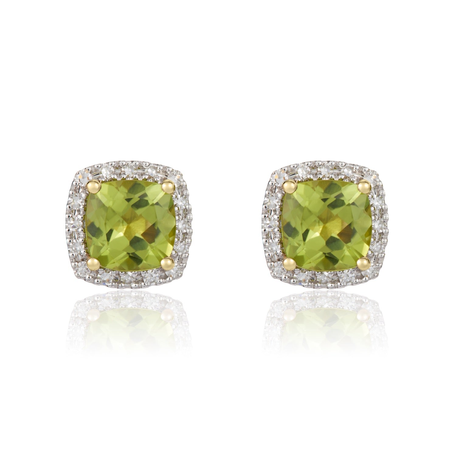 9ct Yellow Gold 6mm Cushion Peridot & Diamond Claw Cluster Earrings Rhodium to Diamonds