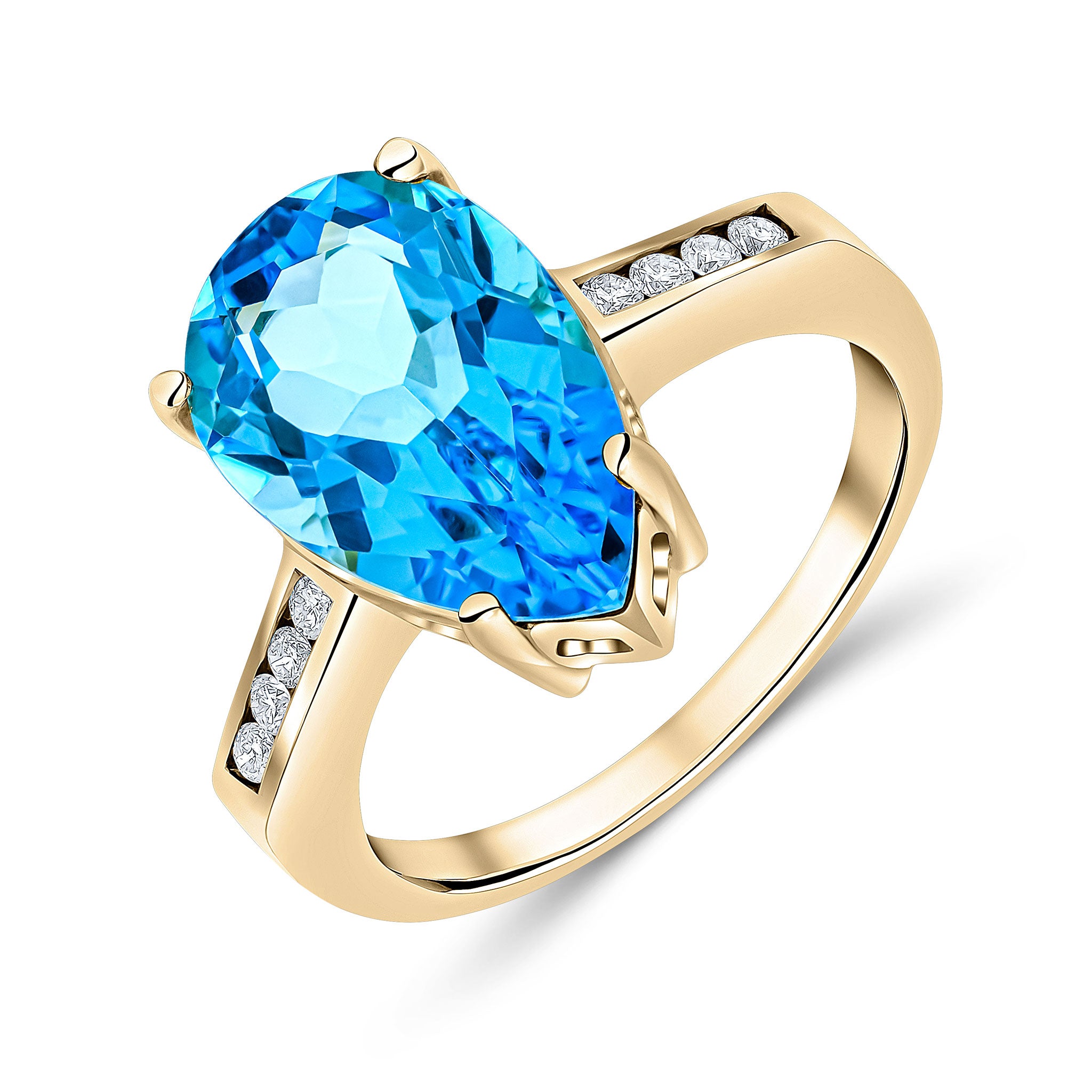 9ct Yellow Gold 14x9 Pear Shape Swiss Blue Topaz Single Stone Ring with Channel Set Diamond Shoulders