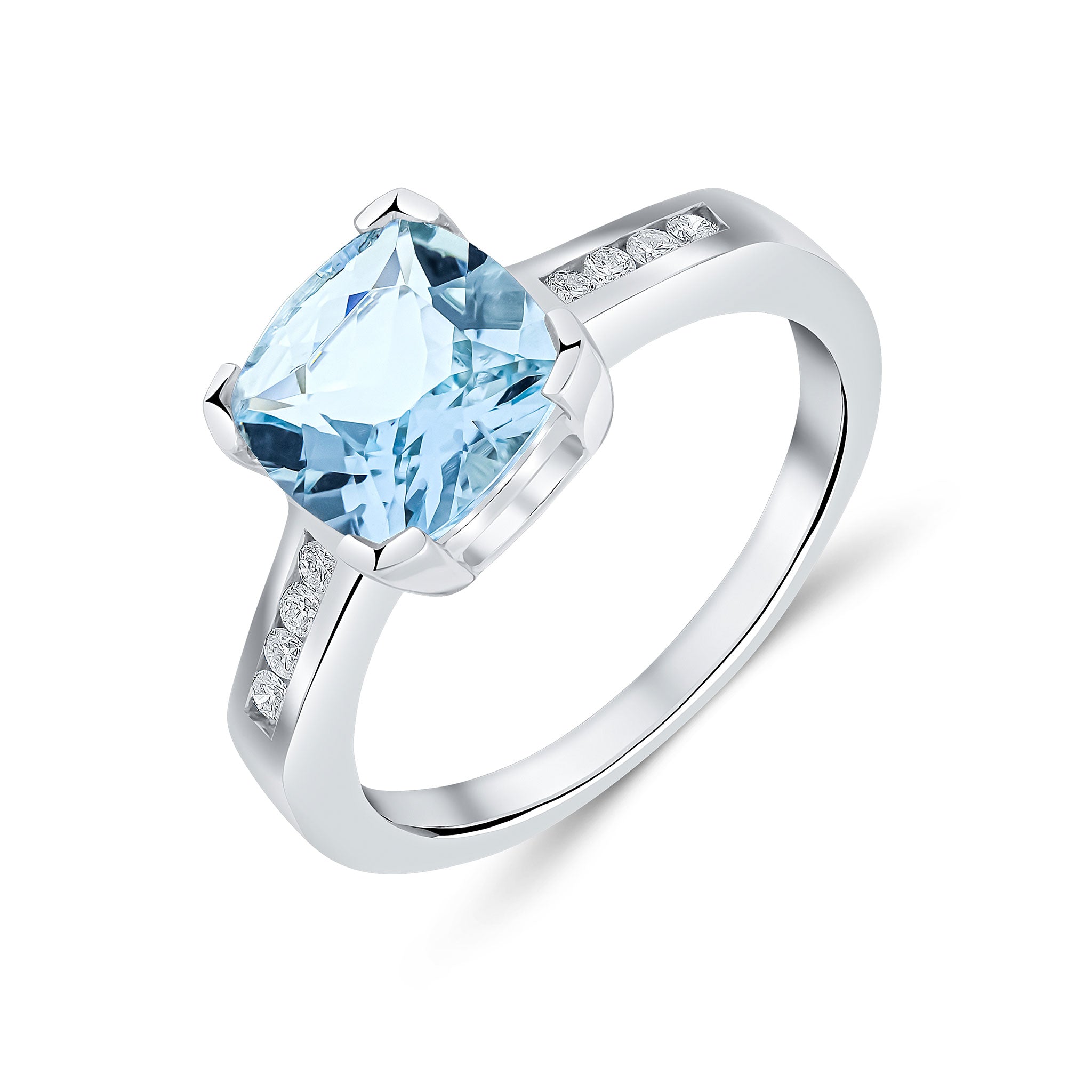 9ct White Gold Claw Set Cushion Aquamarine Single Stone Ring with Channel Set Diamond Shoulders
