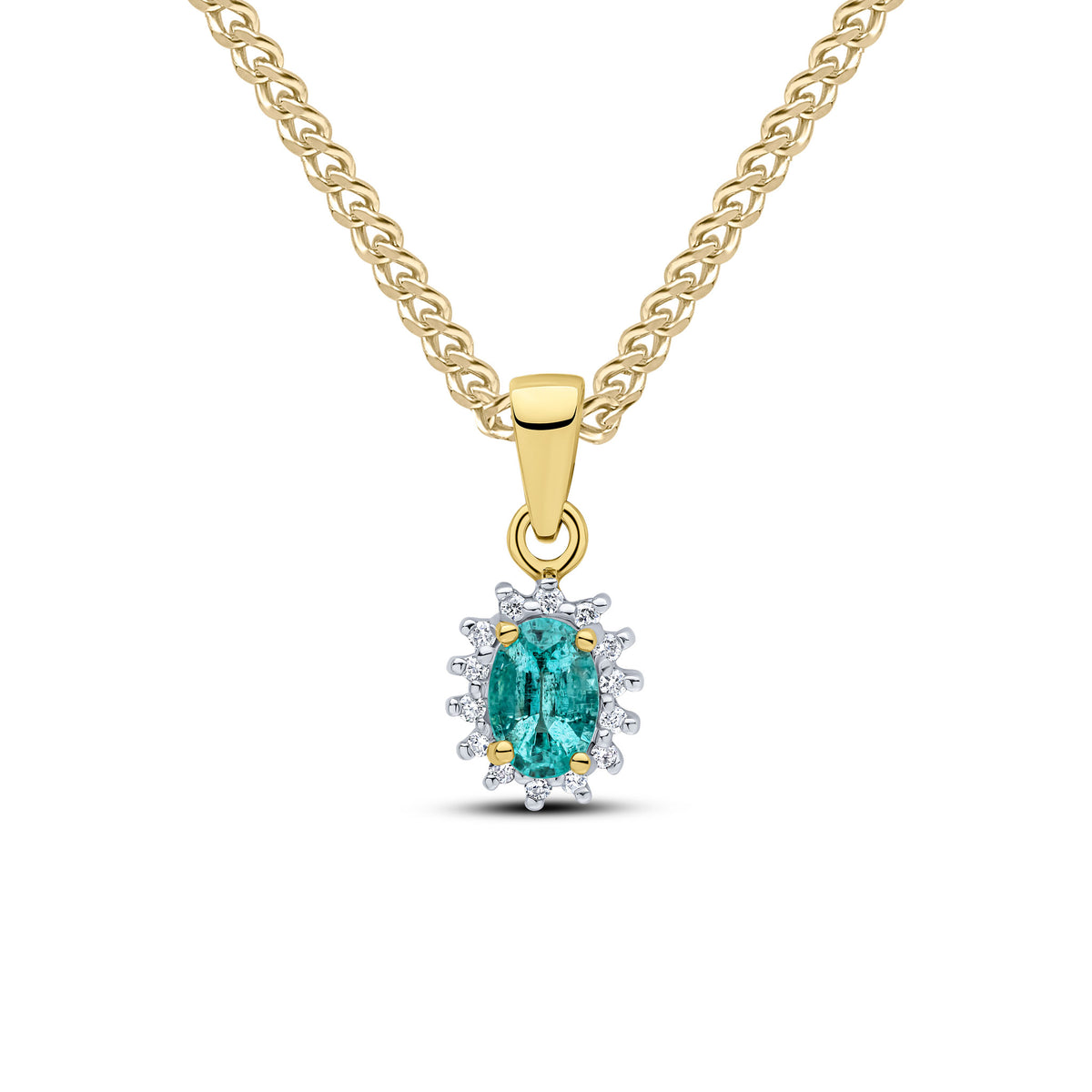 9ct Yellow Gold 6x4 Oval Emerald & Diamond Claw Set Cluster Pendant