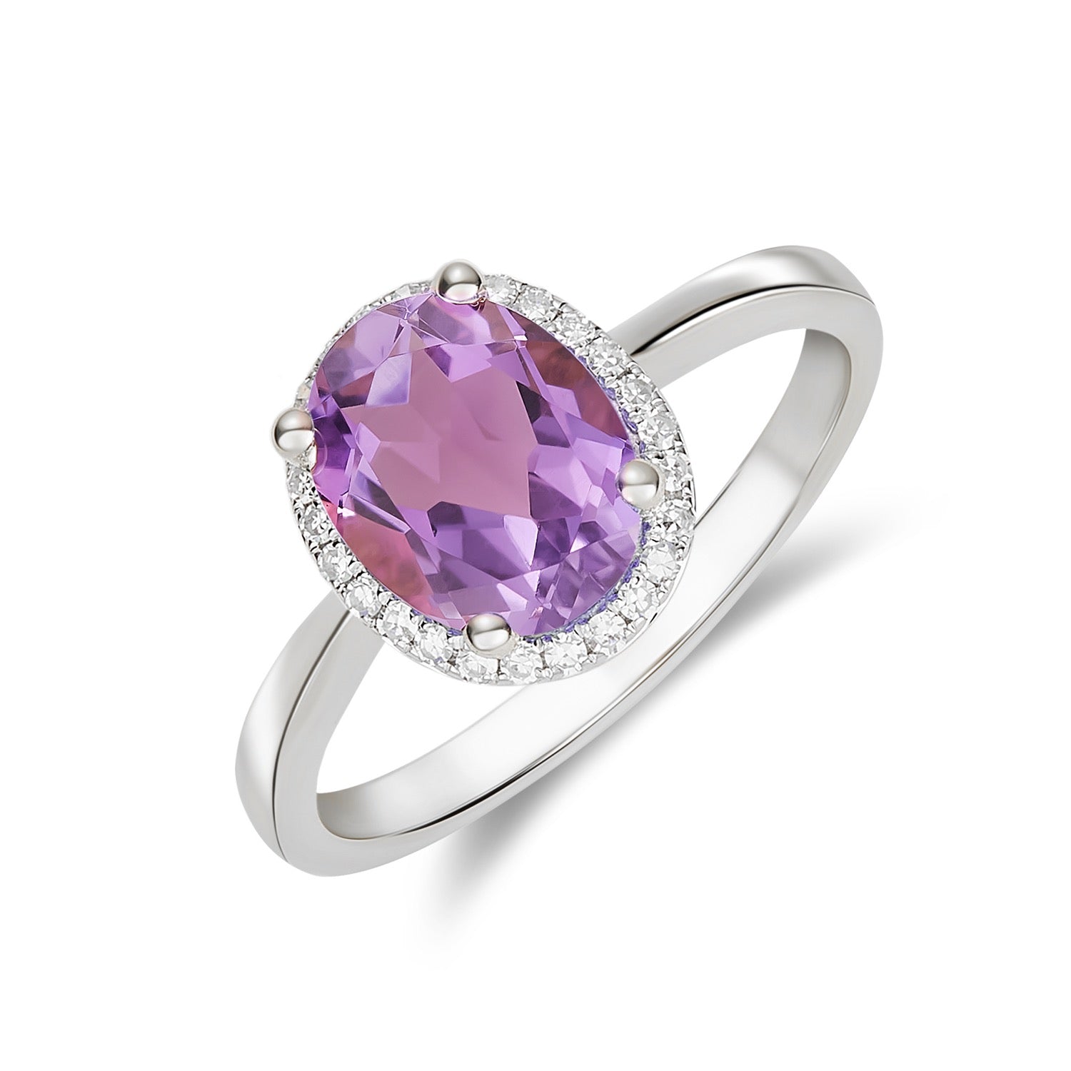 9ct White Gold 9x7 Oval Amethyst & Diamond Claw Set Cluster Ring