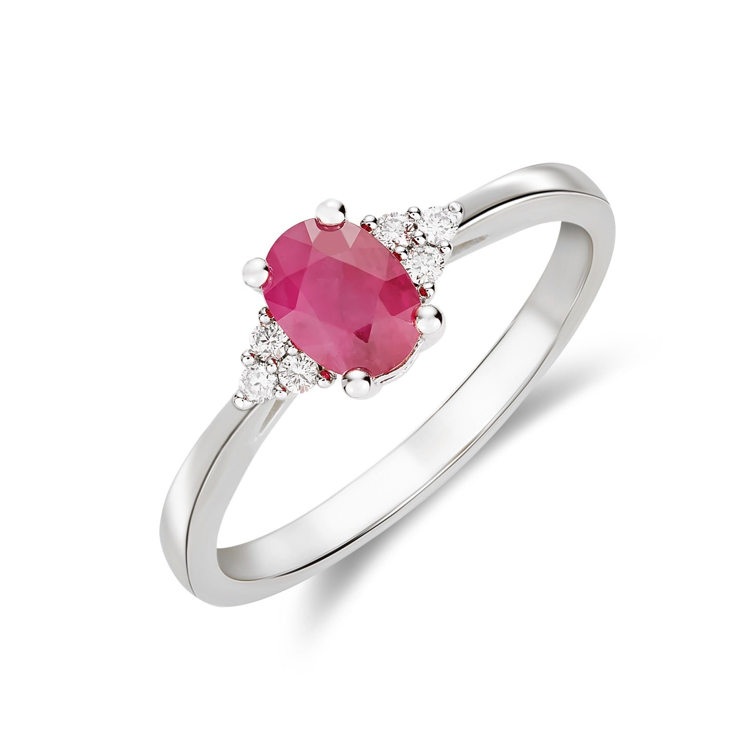 9CT WG 7X5 OVAL RUBY & DIAMOND TREFOIL SHOULDERS CLAW SET RING 1