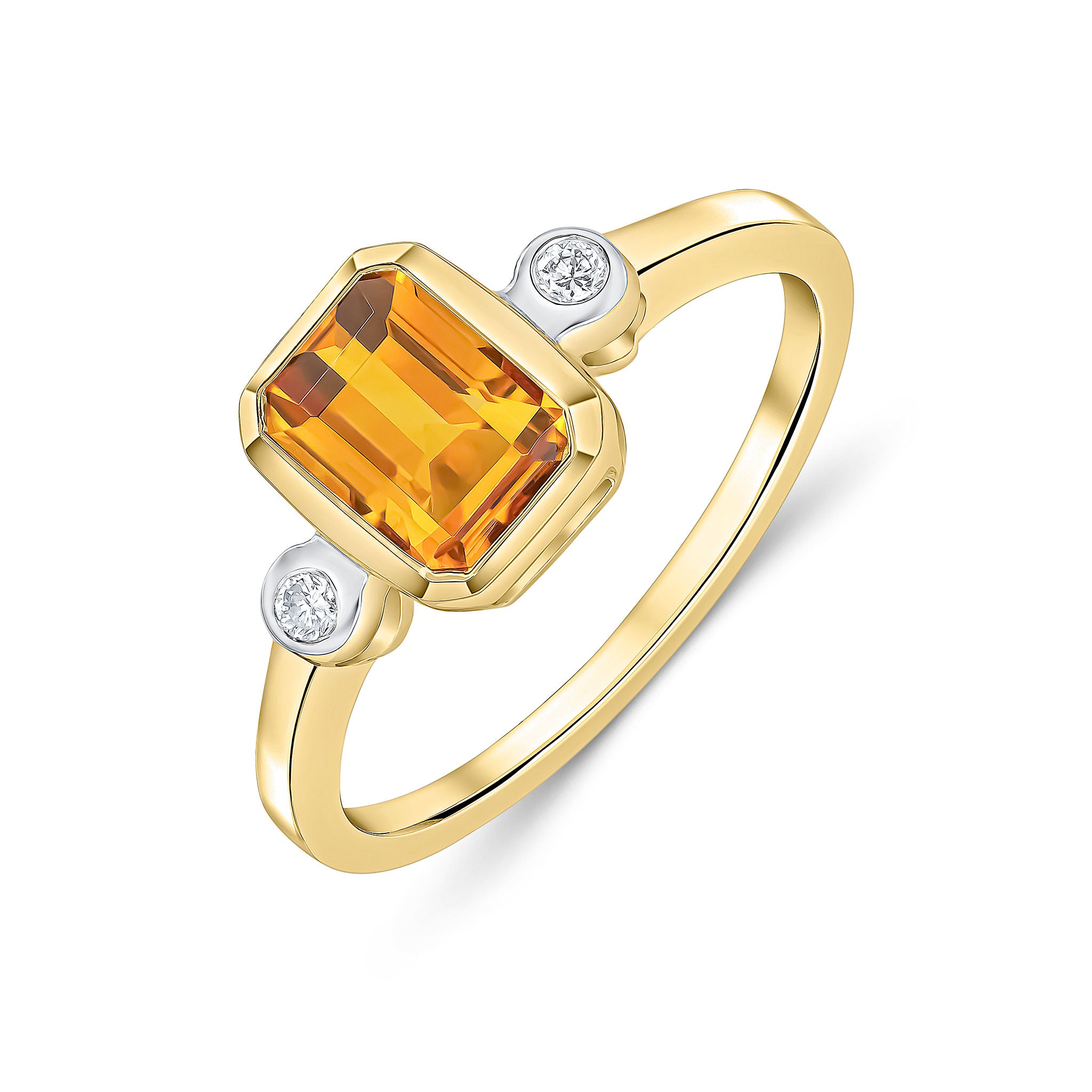 9CT YG 7X5 OCTAGON CITRINE AND ROUND DIAMOND 3 STONE RUBOVER RING. RHODIUM TO DIAMONDS 1