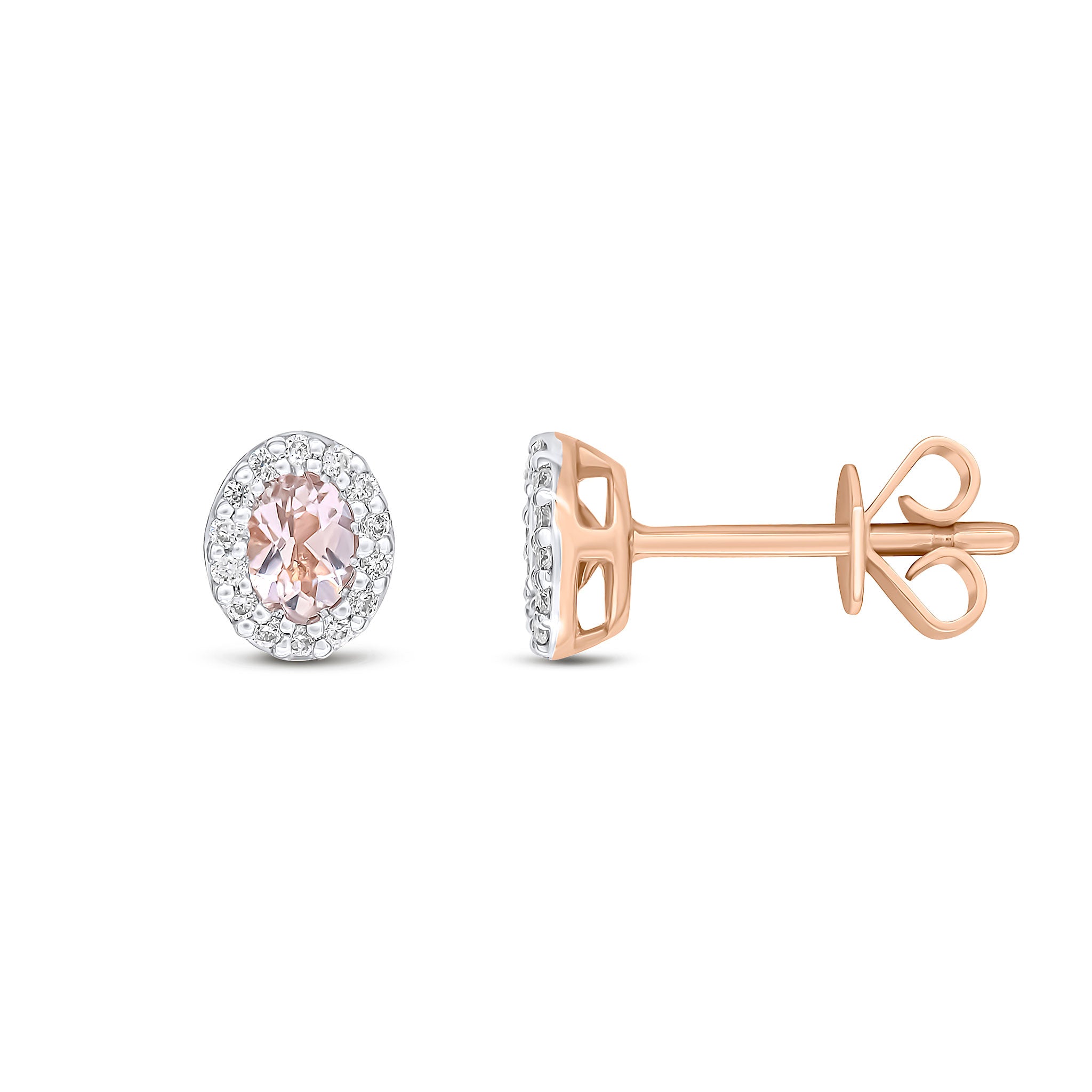 18ct Rose Gold 4x3 Oval Morganite & Diamond Microset Cluster Earrings