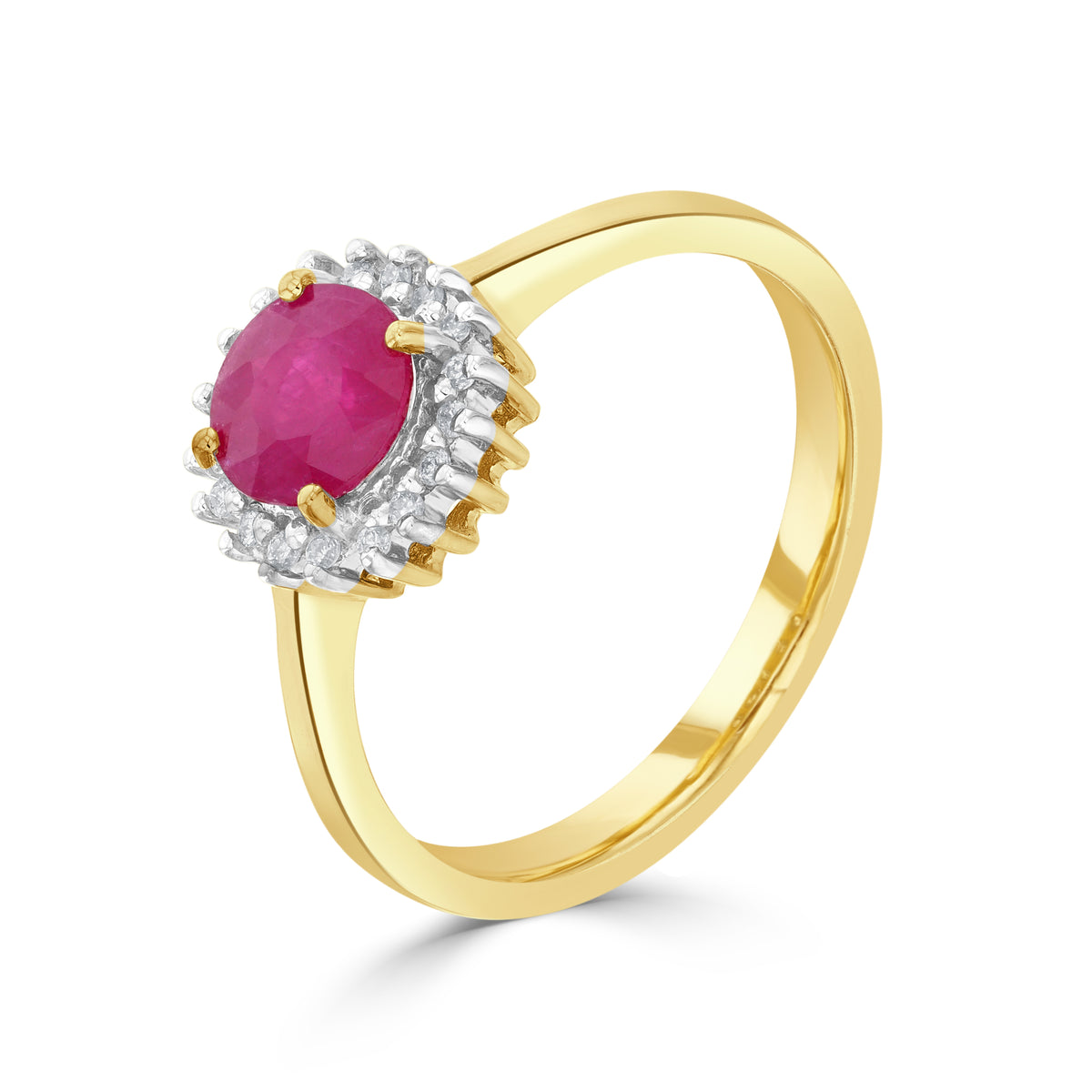 9ct Yellow Gold 6mm Round Ruby & Diamond Claw Set Cluster Ring Rhodium to Diamonds