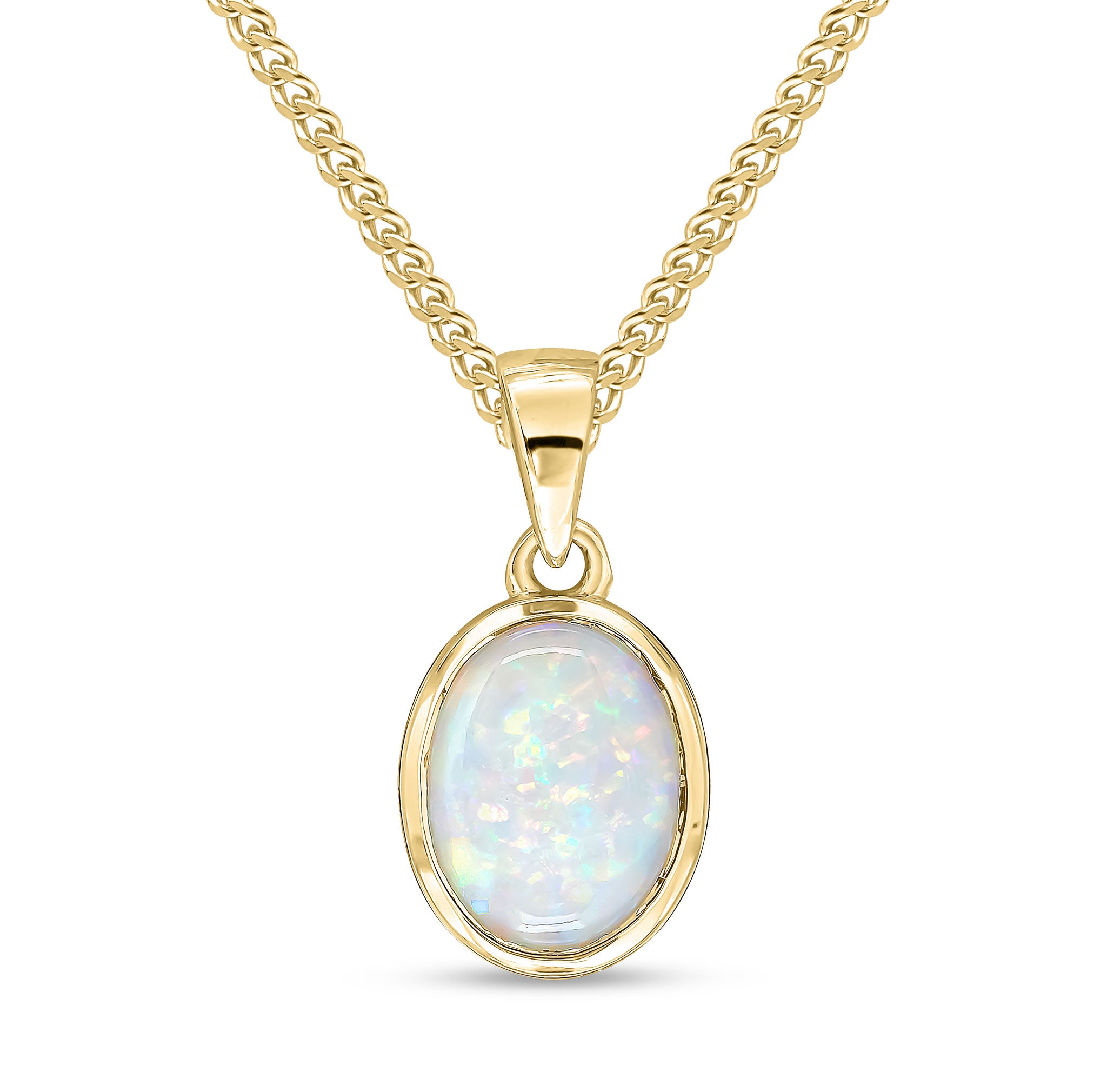 9ct Yellow Gold 9x7mm Oval Opal Single Stone Rubover Pendant with Plain Loop