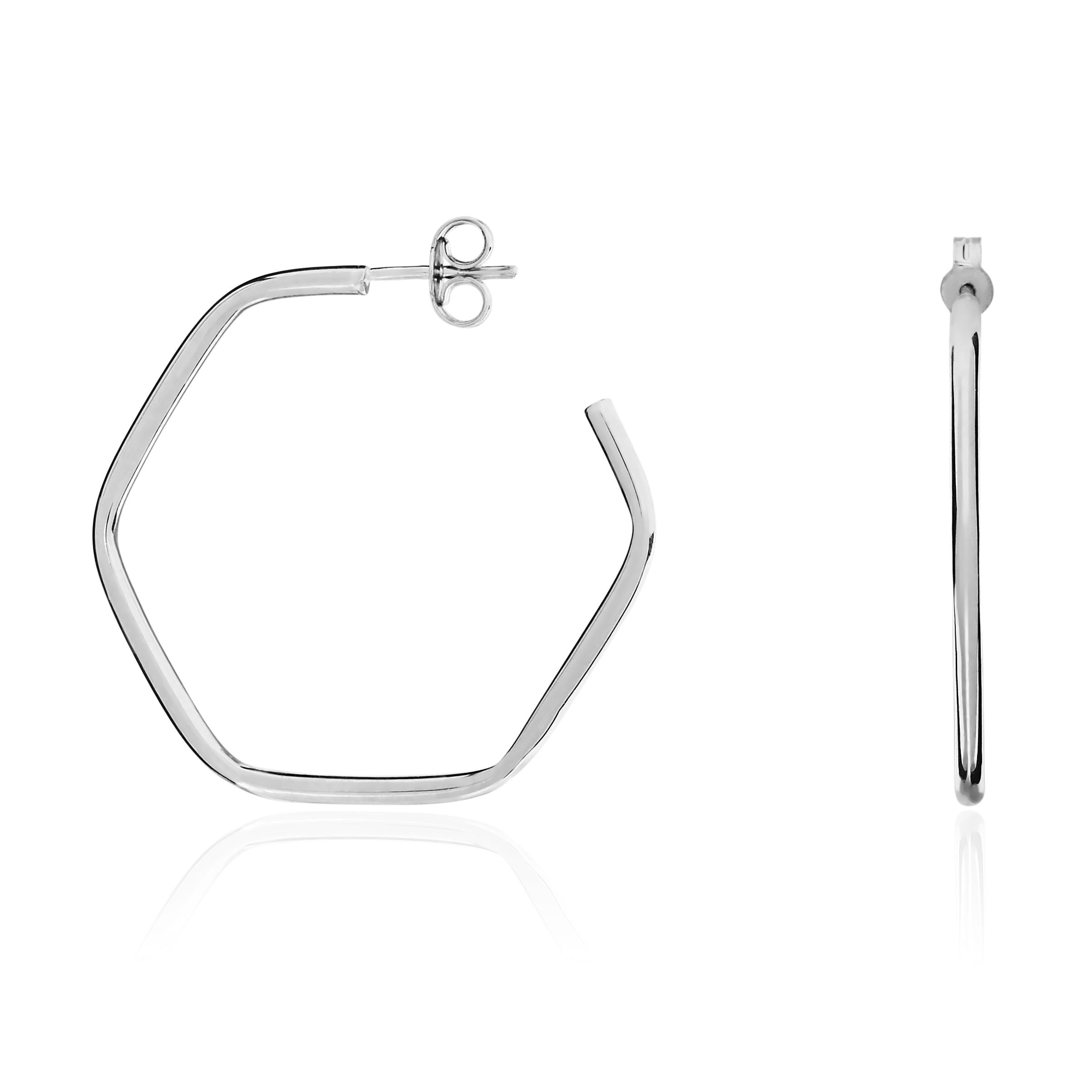 9ct white gold Hexagon Shape Hoop Earrings With Peg And Scroll Fittings