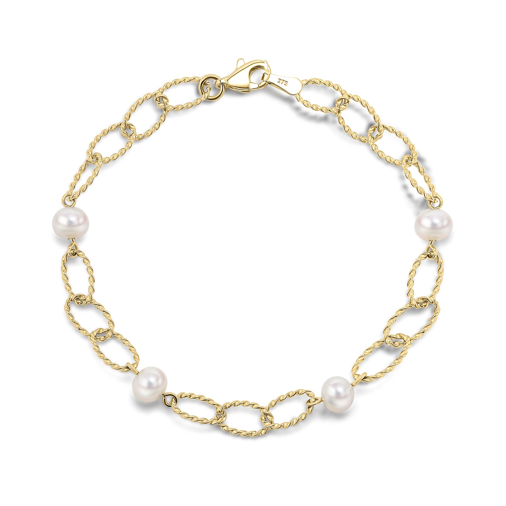 9ct Yellow Gold Twist Oval Links and Freshwater Pearl Bracelet