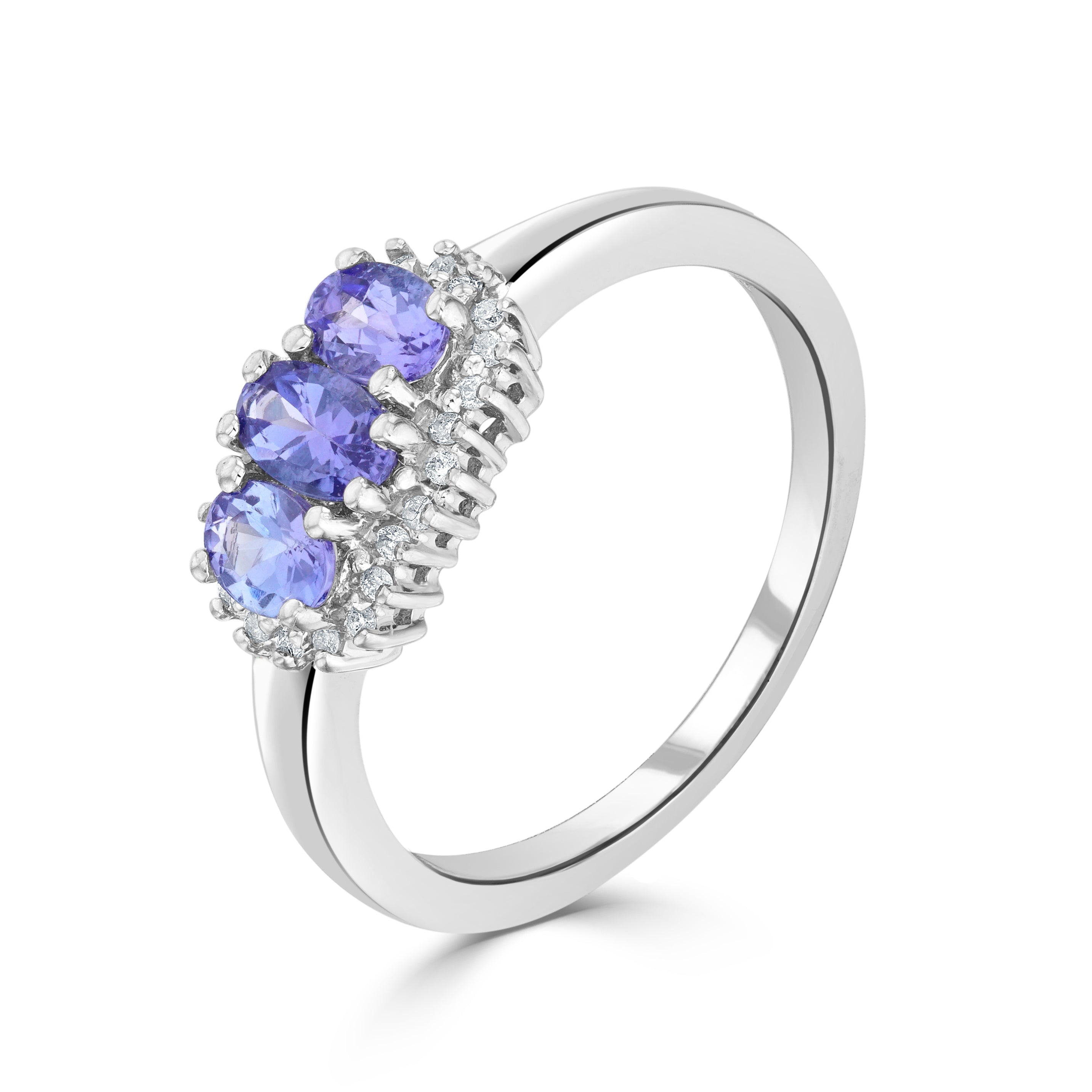 9CT WG OVAL TANZANITE & DIAMOND CLAW SET TRIPLE CLUSTER RING 1