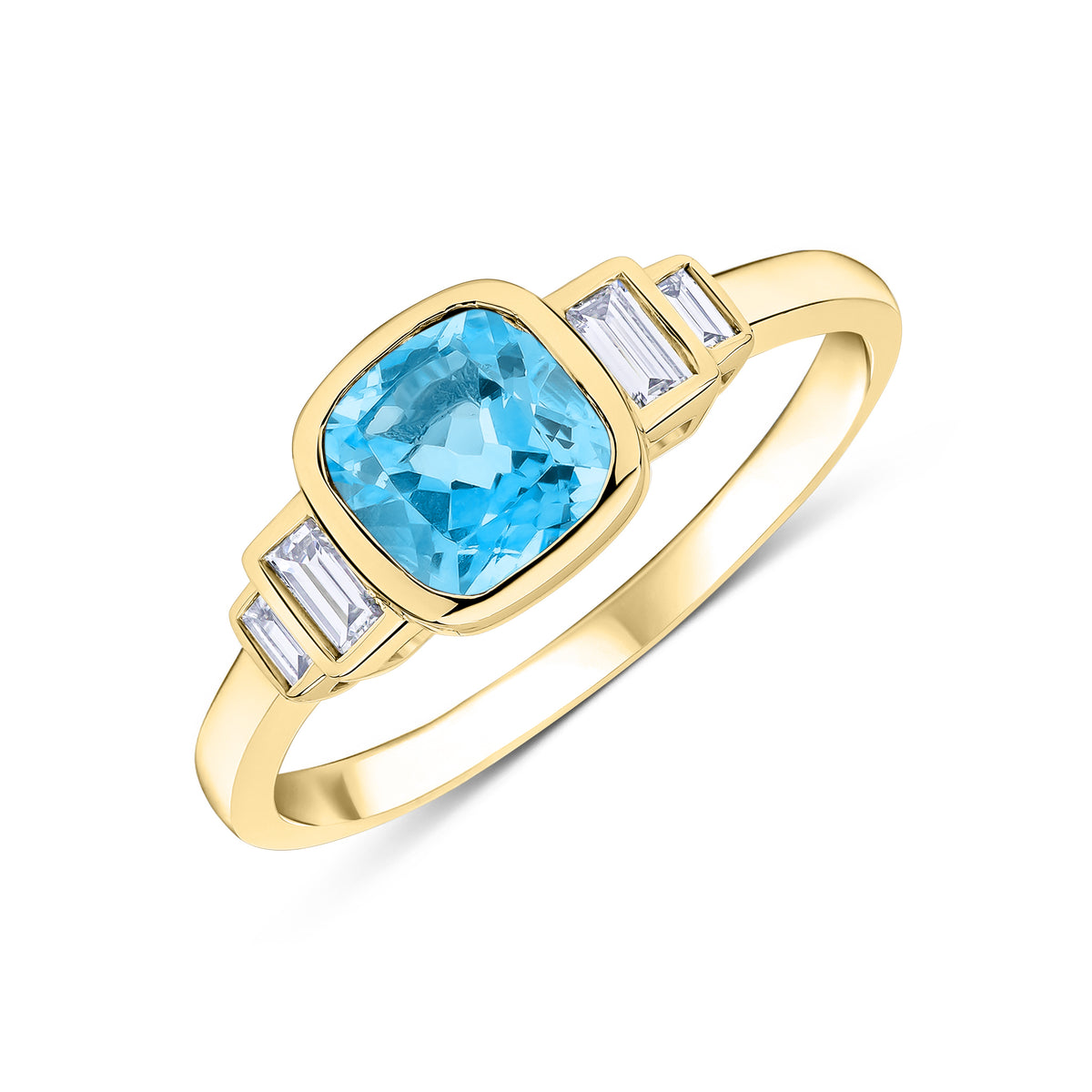 9ct Yellow Gold 6mm Cushion Swiss Blue Topaz & Baguette Diamond 2 Stone Stepped Shoulders Ring