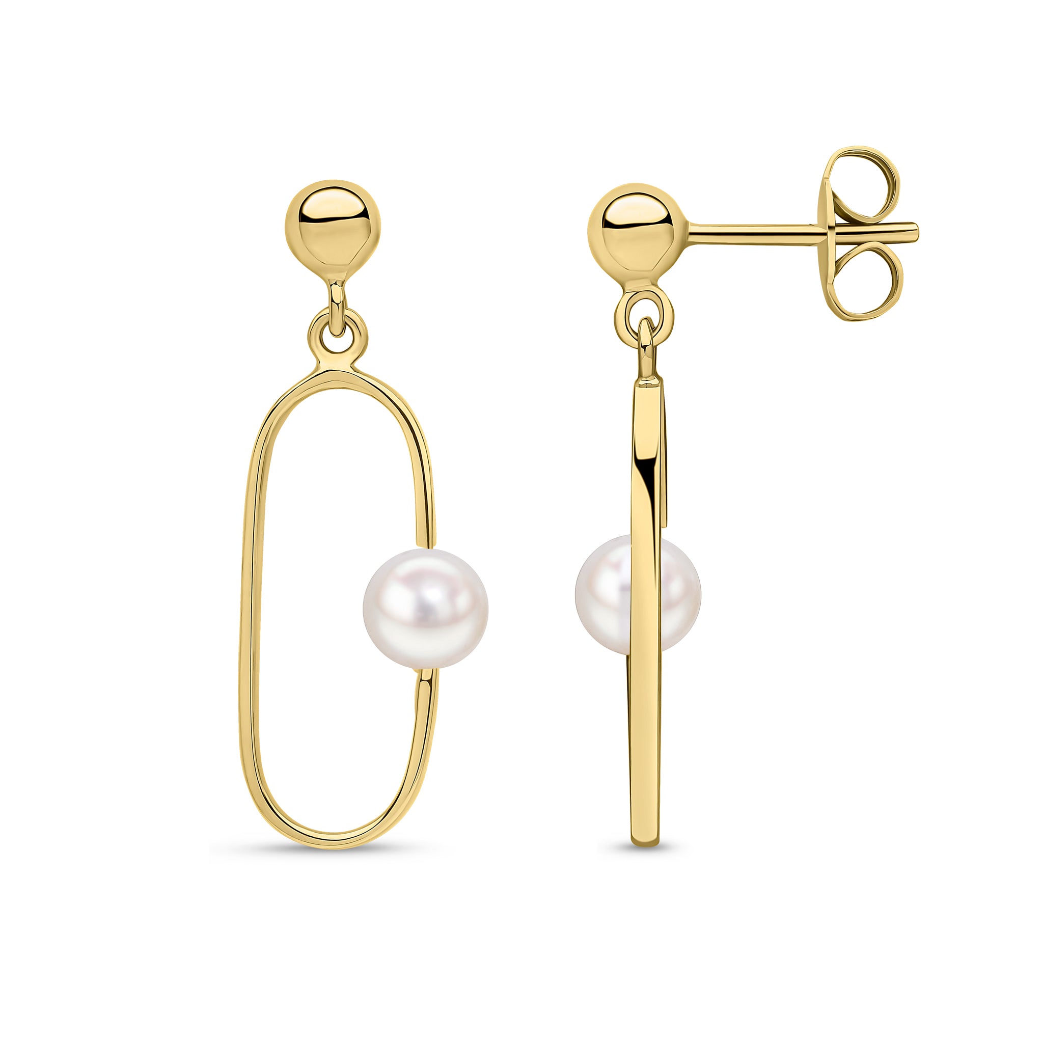 9ct Yellow Gold Open Oval Drop Earrings with 5mm Fw Pearl to The Side 4mm Ball Stud Top
