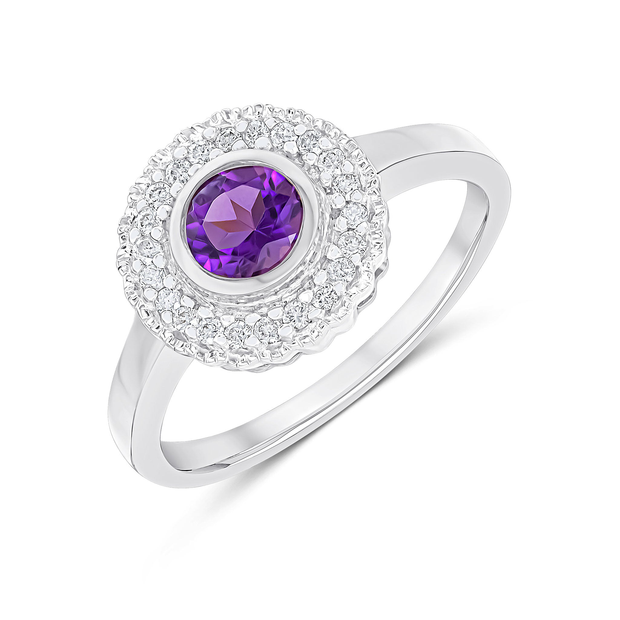 9CT WHITE GOLD ROUND RUBOVER AMETHYST AND MILLEGRAIN ROUND DIAMOND CLUSTER RING 1