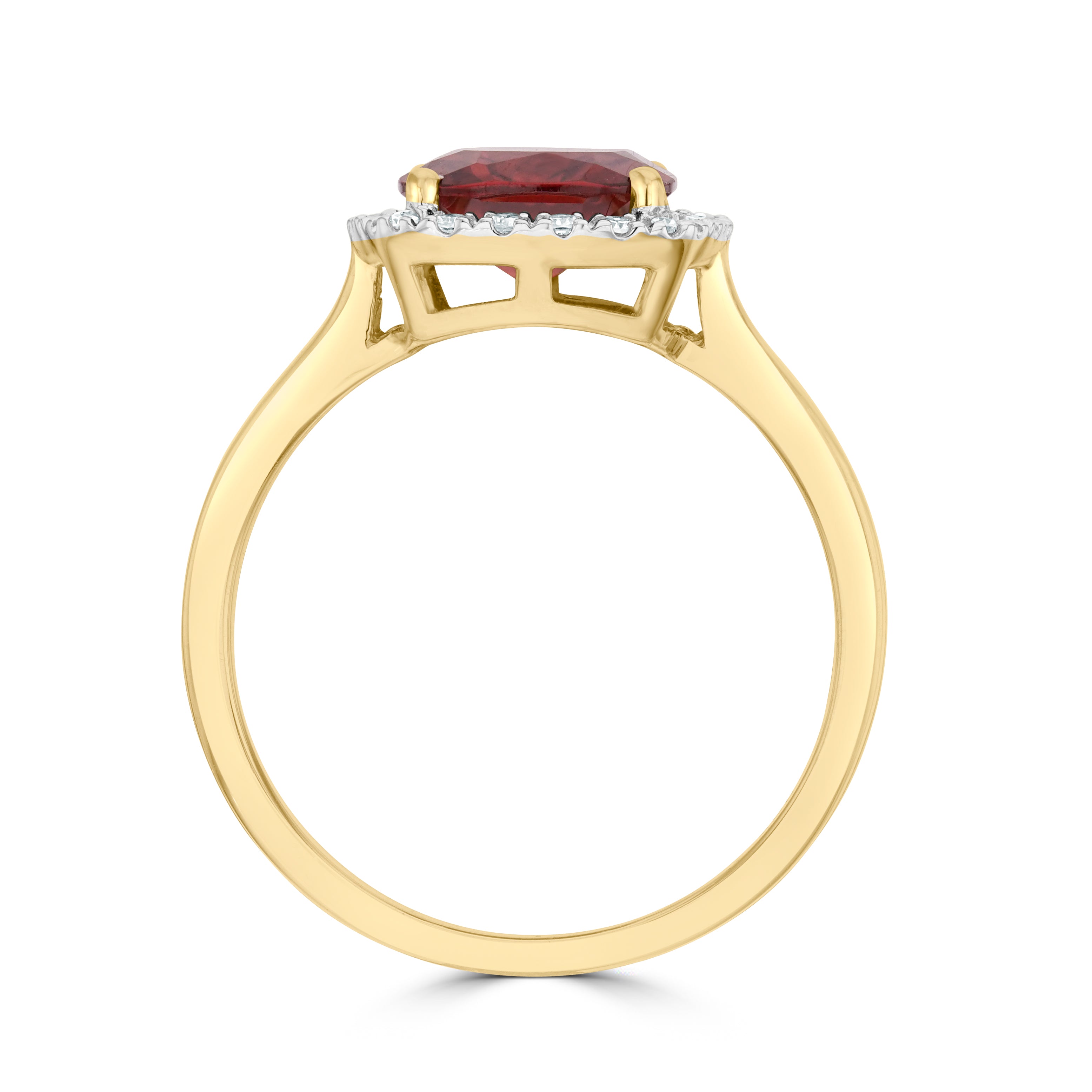 9CT YG 8MM CUSHION GARNET AND ROUND DIAMOND CLAW SET CLUSTER RING. RHODIUM TO DIAMONDS 1