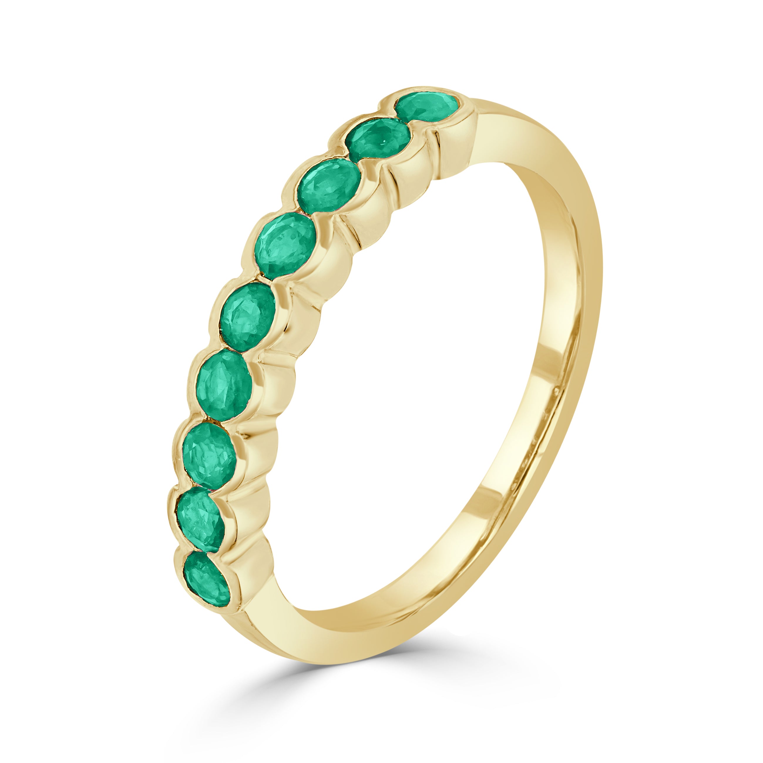 9ct Yellow Gold Round Emerald 9 Stone Scalloped 1 2 Eternity Ring