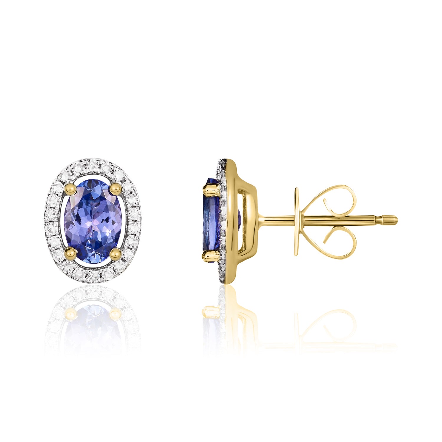 9ct Yellow Gold 6x4 Oval Tanzanite and Round Diamond Halo Cluster Earrings Rhodium to Diamonds