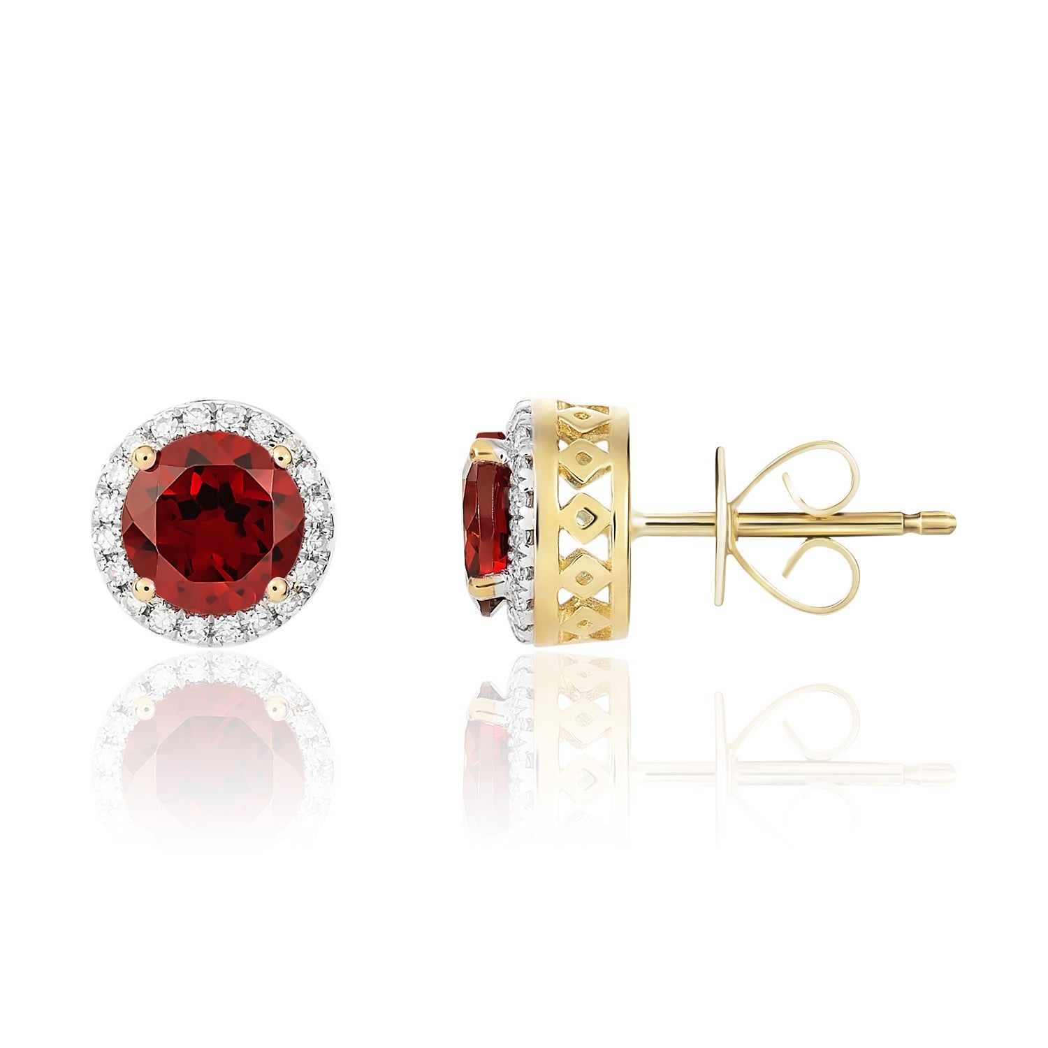 9ct Yellow Gold 6mm Round Garnet and Diamond Claw Cluster Earrings Rhodium to Diamonds