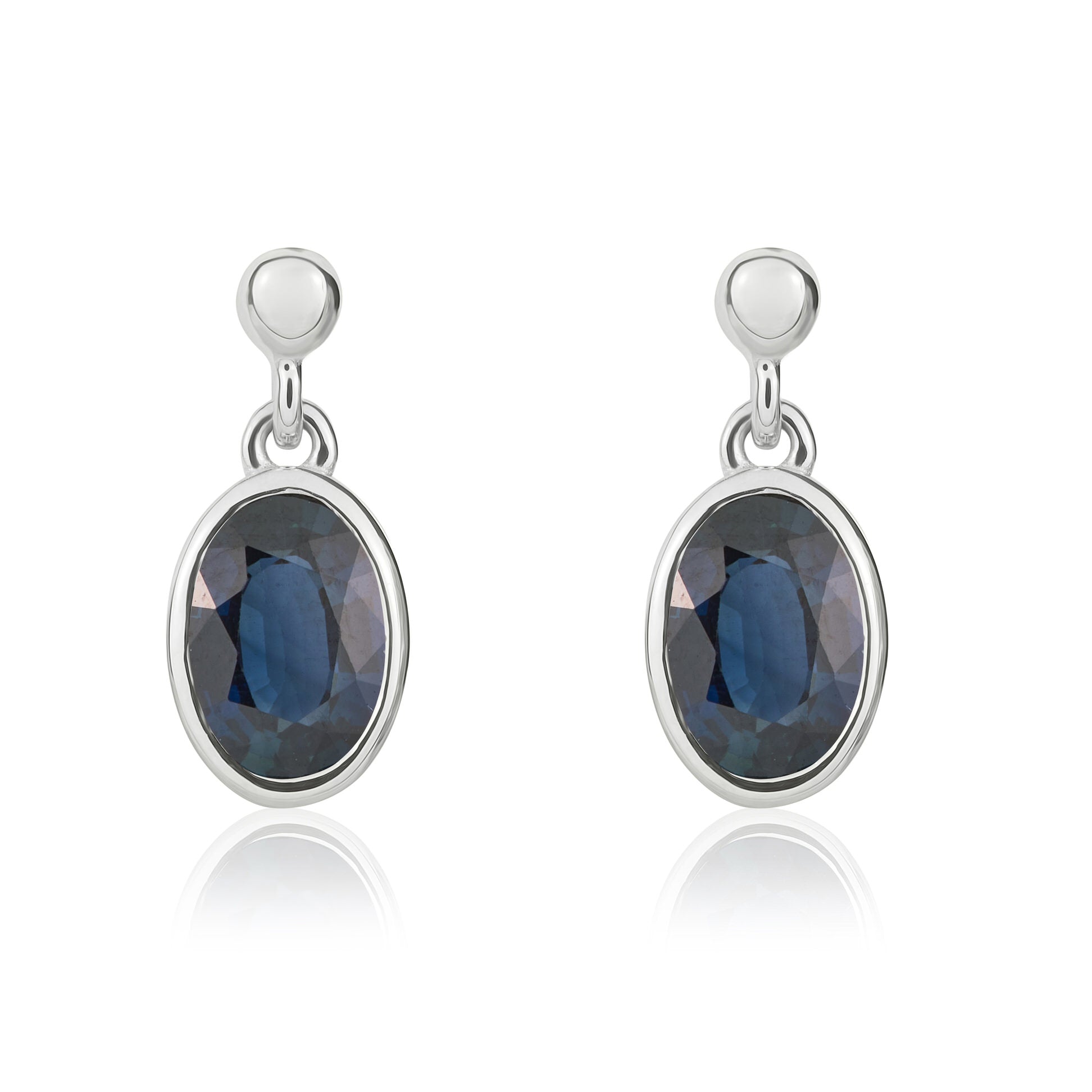 9ct white gold 7 x 5mm Oval Sapphire Rubover Drop Earrings With Bead Top