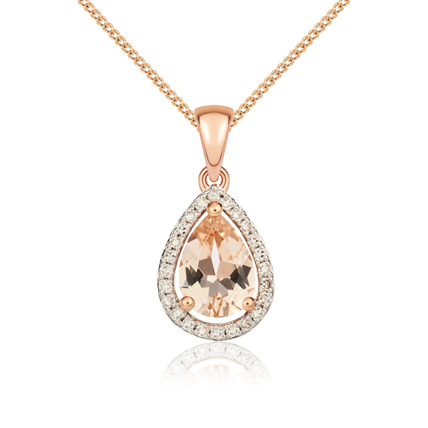 9ct Rose Gold 7x5 Pear Shape Morganite & Diamond Halo Claw Cluster Pendant Rhdoium to Diamond