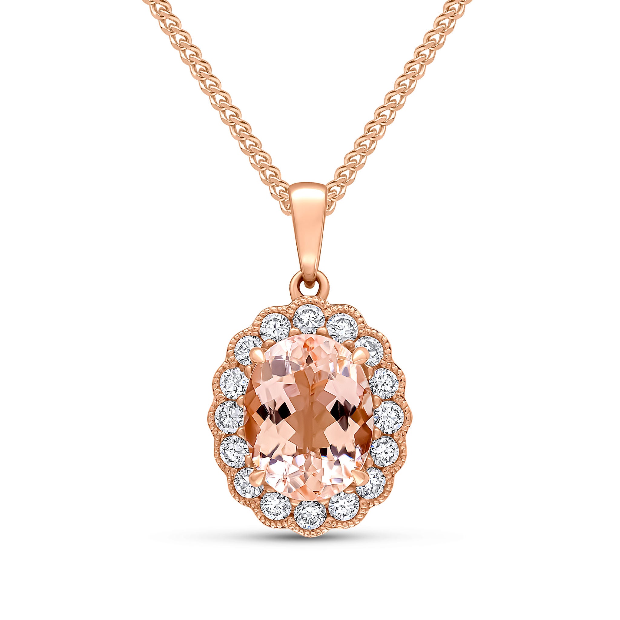 18ct Rose Gold Oval Morganite & Diamond Cluster Pendant with Scalloped Milgrain Edge
