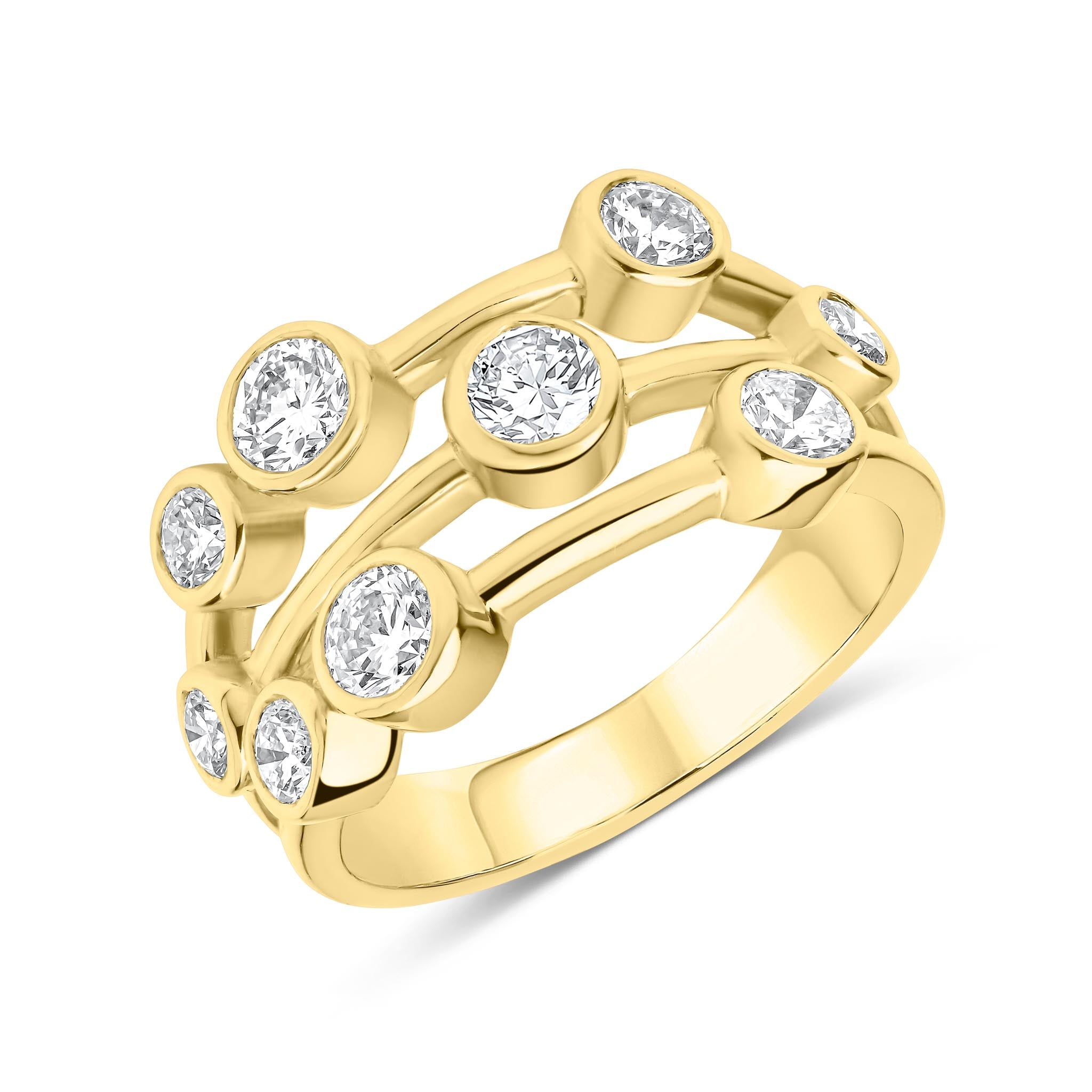 18ct Yellow Gold Diamond 3 Row Bubble Ring 1.50ct Total