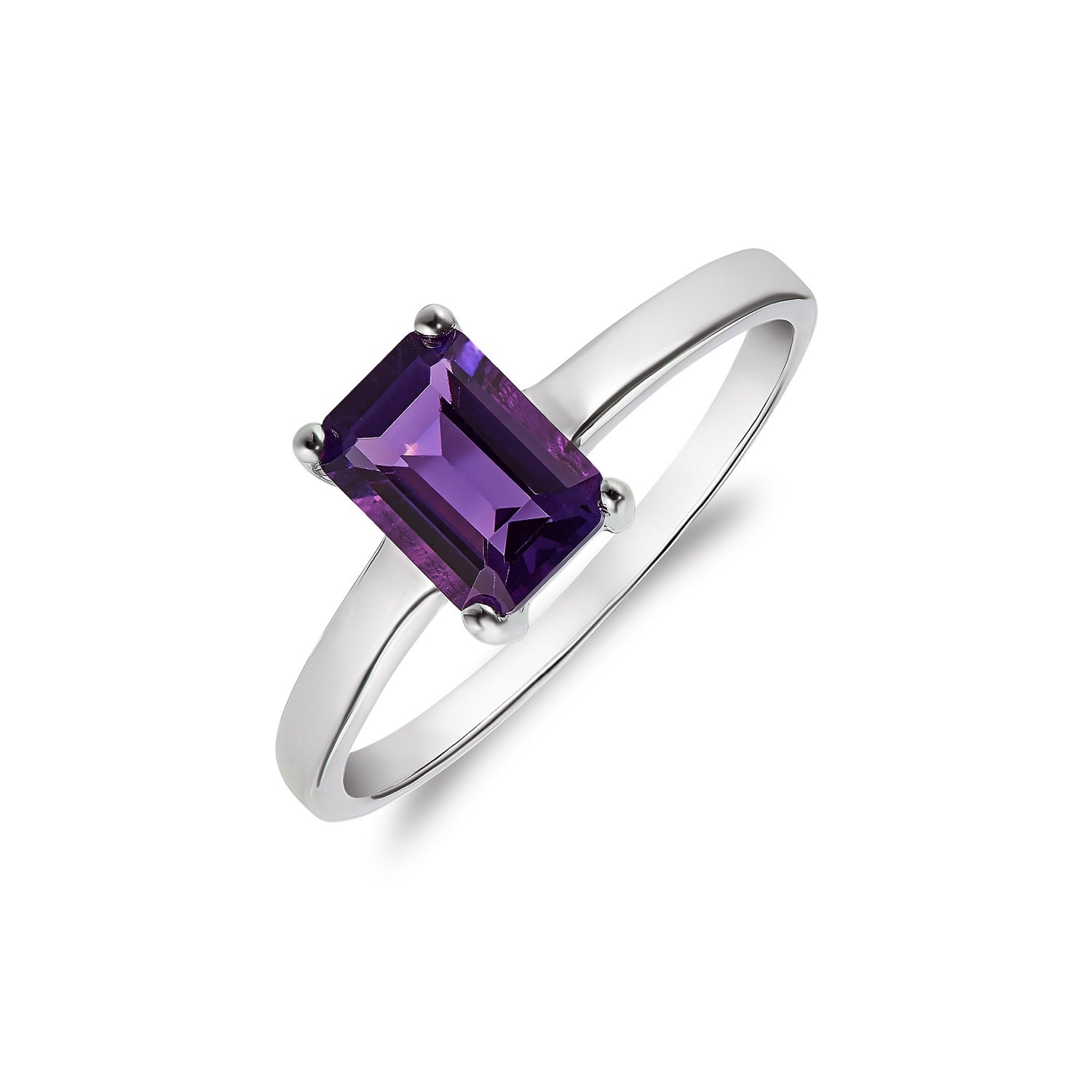 9ct White Gold 7x5mm Octagon Amethyst Claw Set Single Stone Ring