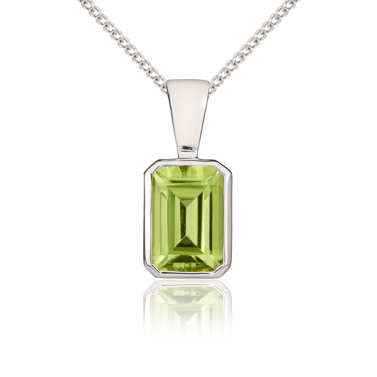 9ct White Gold 7x5 Octagonal Peridot Rubover Pendant