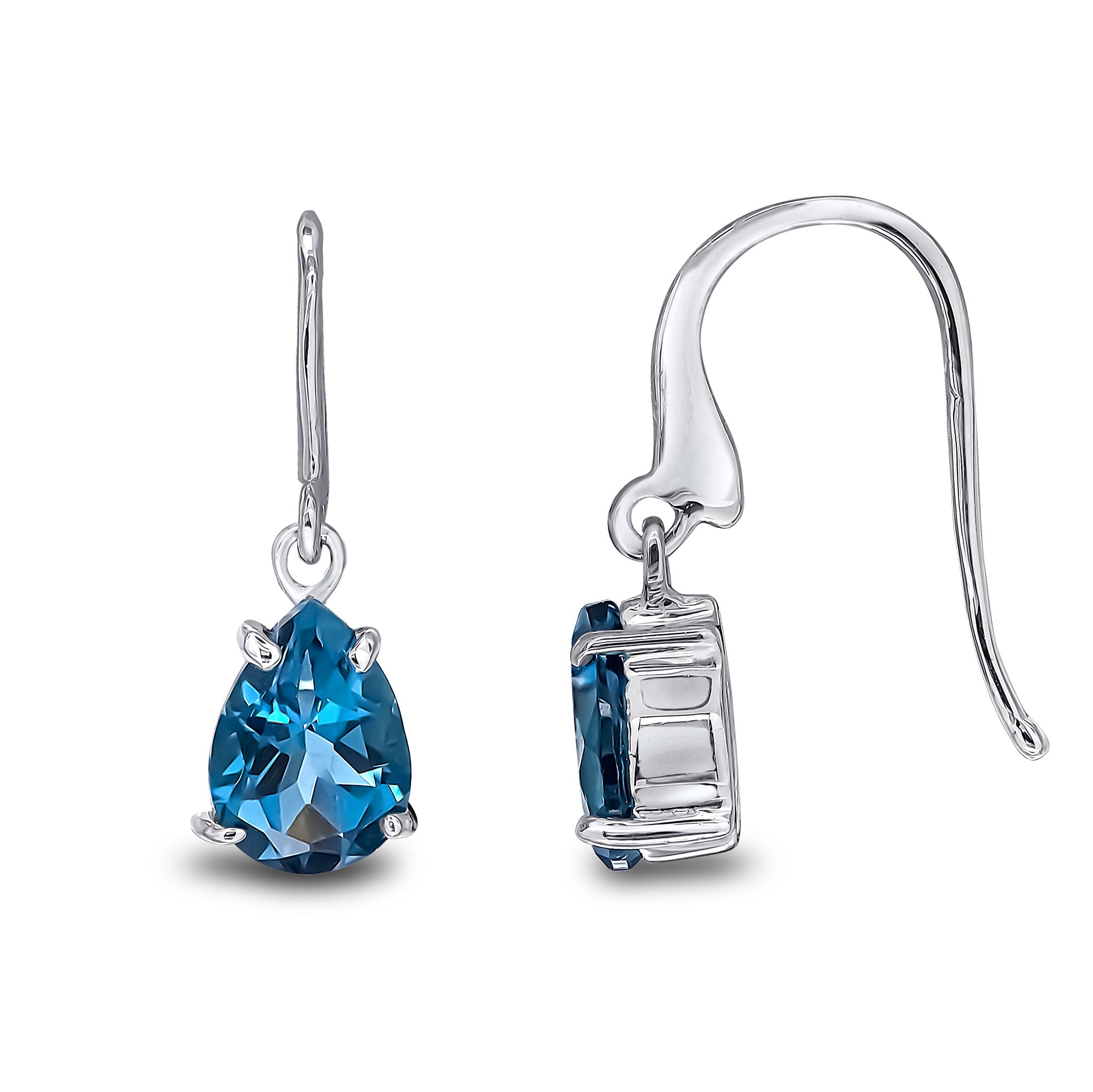 9ct White Gold 7x5mm Pear Shape London Blue Topaz Claw Set Wire Hook Drop Earrings