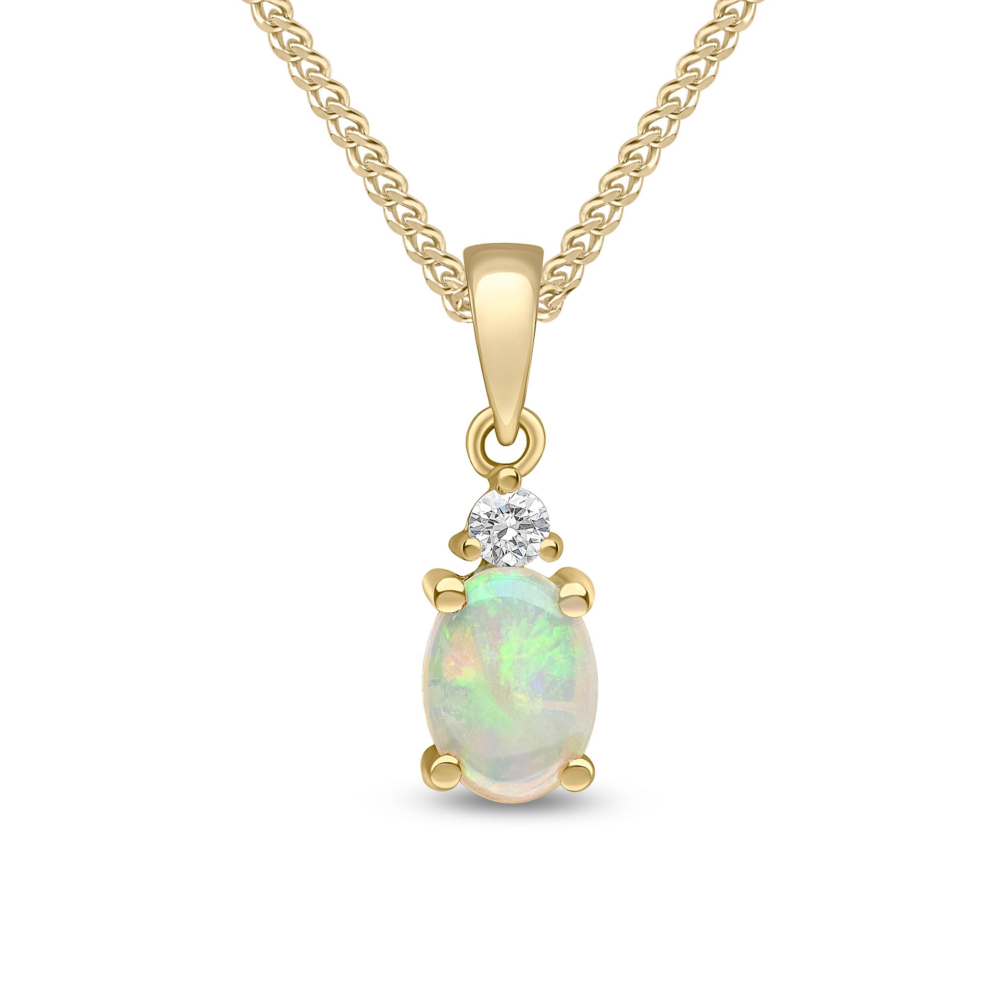 18ct Yellow Gold 7x5 Oval Opal and Round Diamond 2 Stone Claw Set Pendant Rhodium to Diamond